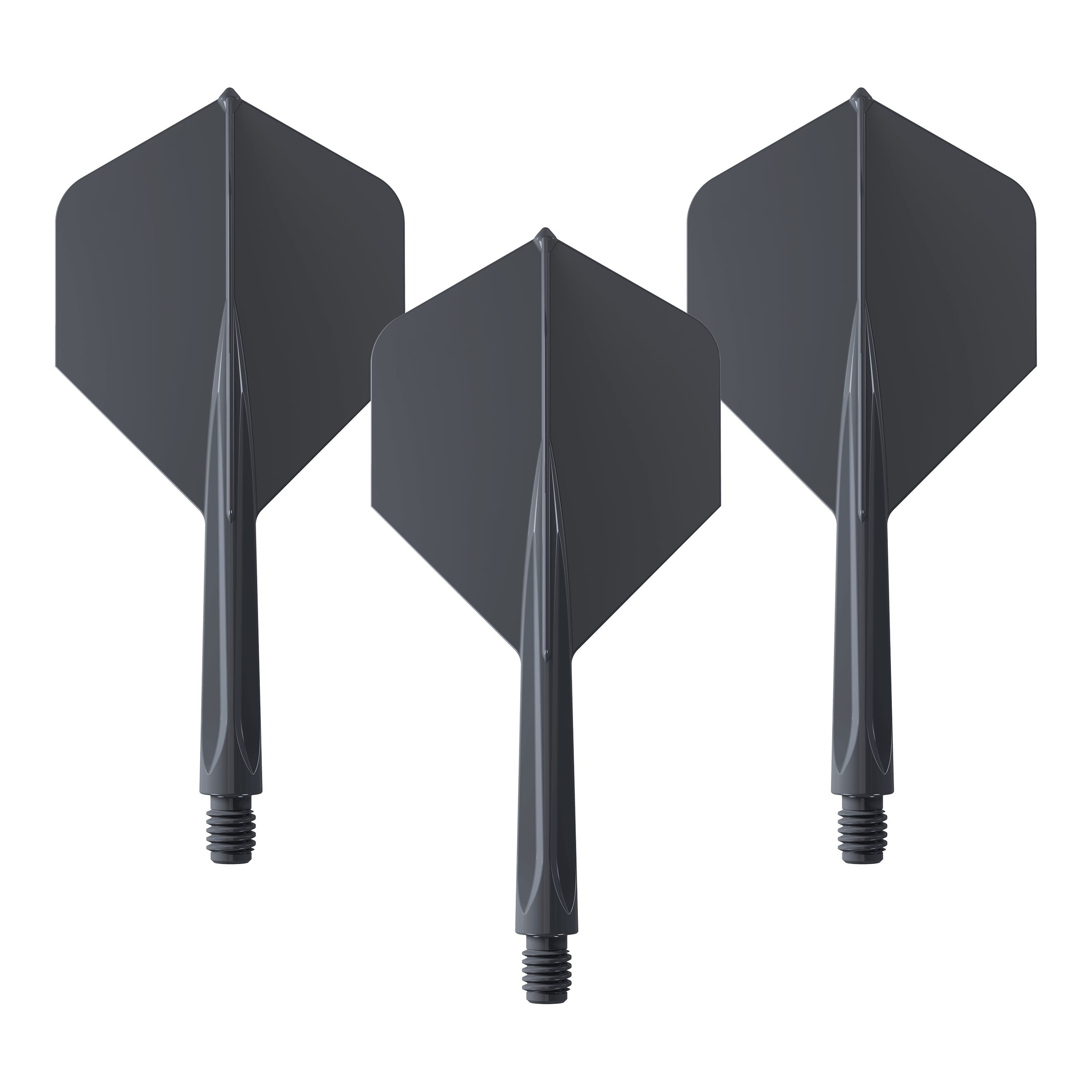 Unicorn Forge All In One Plus No2 Standard Flights Nero - Medio Das Bild zeigt drei schwarze Dartflights mit integriertem Schaft in mittlerer Größe. Es handelt sich um das Produkt "Unicorn Forge All In One Plus No2 Standard Flights Schwarz - Medium".