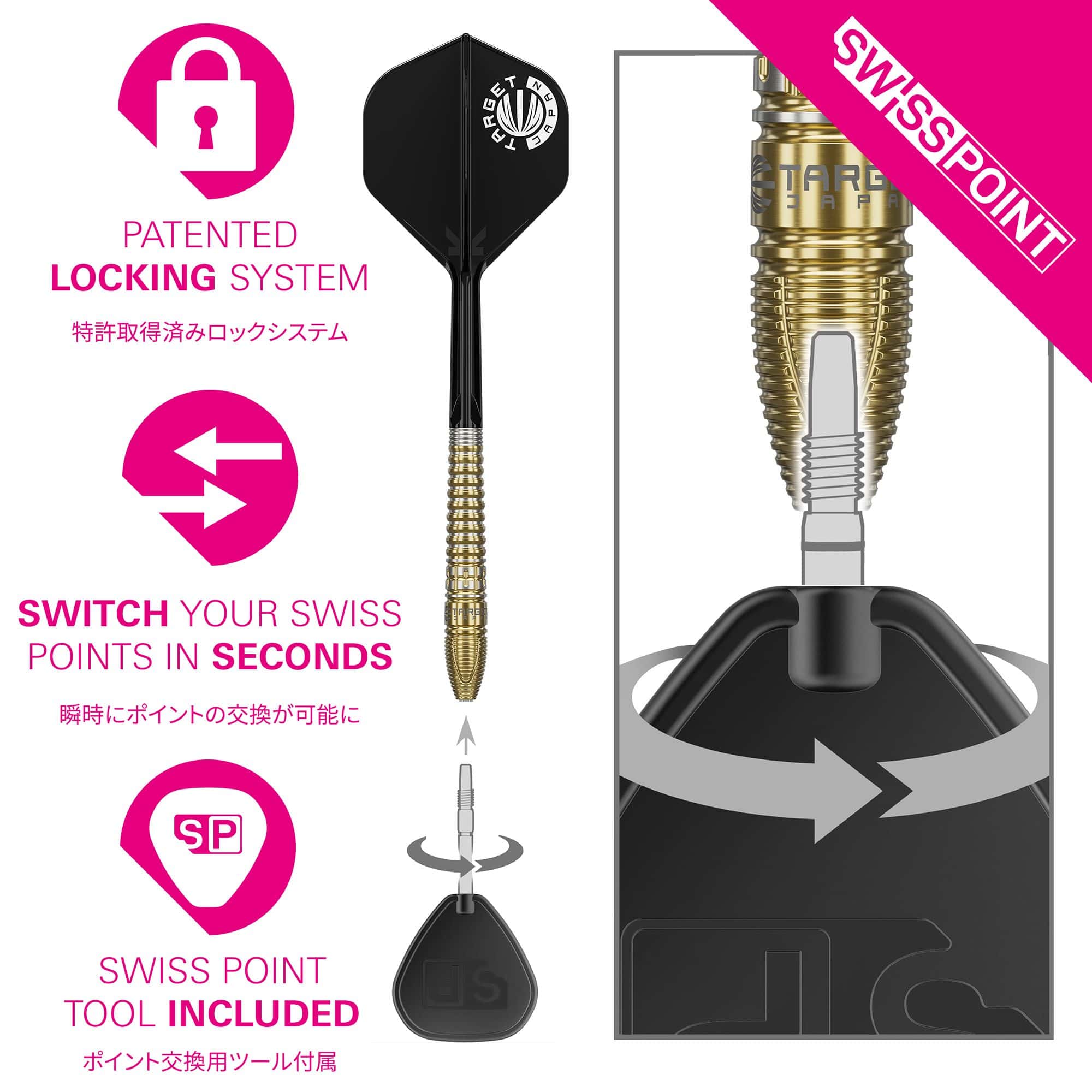 Das Bild zeigt die Target Japan Prime Series Harith Lim HotShot GEN3 Swiss Point Steeldarts. Es handelt sich um hochwertige Steeldarts für präzises Dartspiel.
