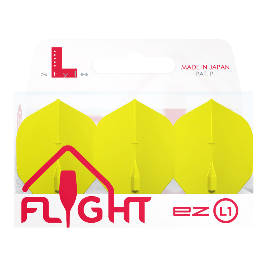 Voli standard L-Style Champagne L1EZ Das Bild zeigt eine Packung mit drei gelben L-Style Champagne L1EZ Standard Flights. Die Verpackung ist weiß mit roter und grauer Schrift und wurde in Japan hergestellt.