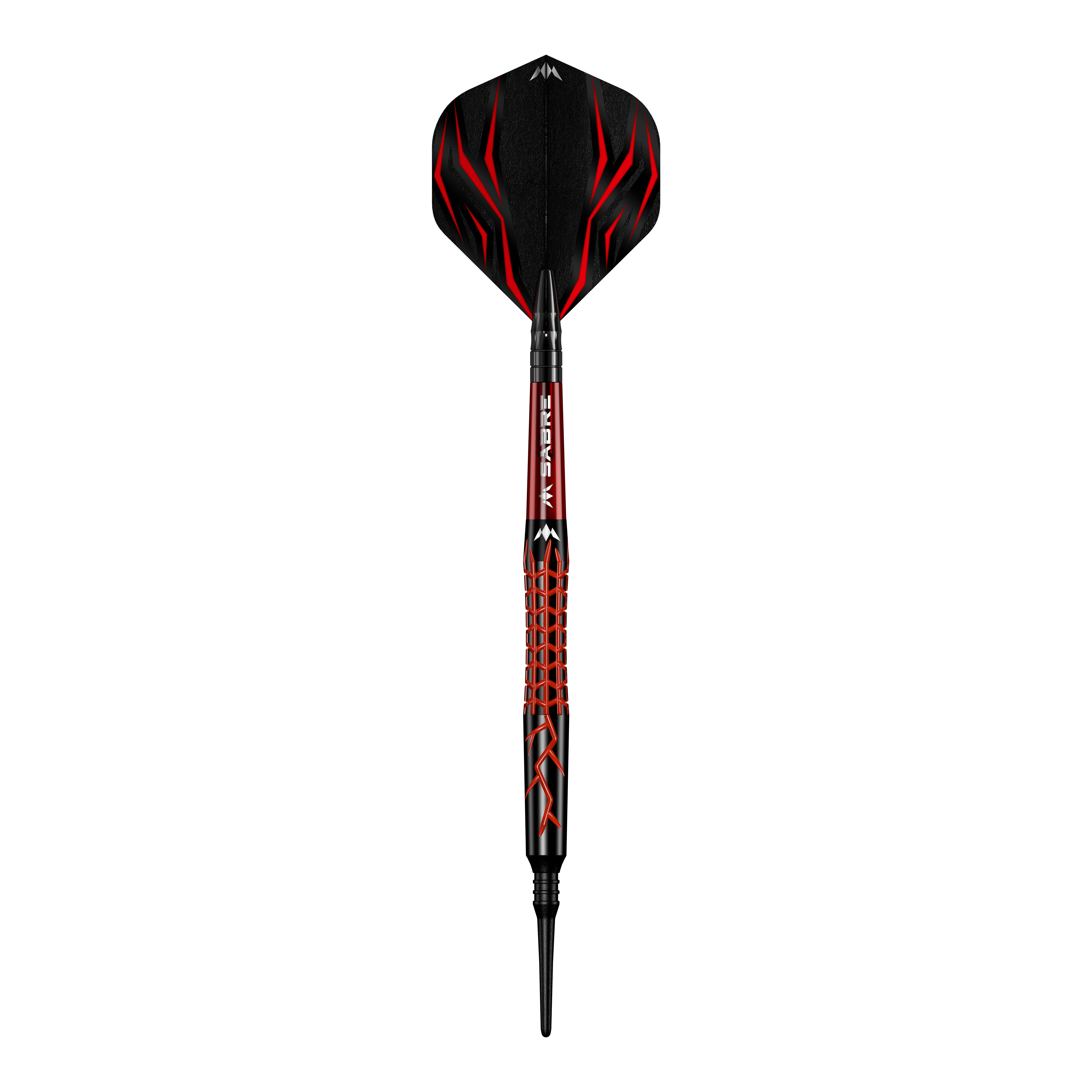 Freccette morbide Mission Lava - 20 g Dies ist der Mission Lava Softdart mit einem Gewicht von 20 Gramm. Er hat ein auffälliges Design in Schwarz und Rot mit roten Flammenmustern.