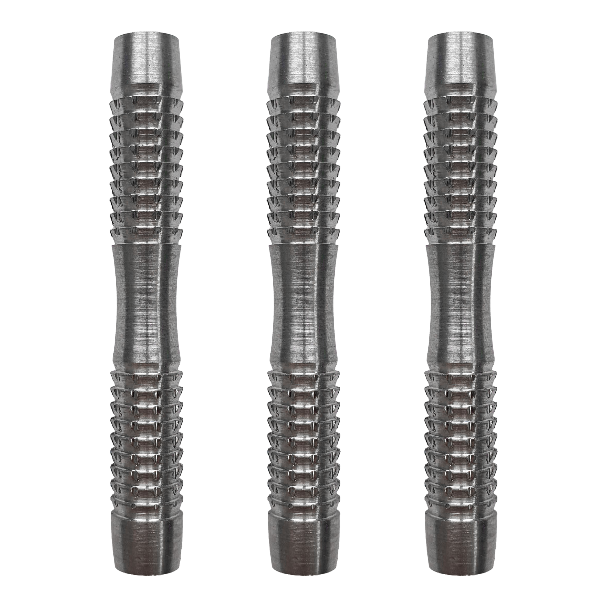Canne morbide per freccette McDart Blank Shark Das Bild zeigt drei silberne McDart Blank Shark Softdart-Barrels. Sie haben eine geriffelte Oberfläche für besseren Halt.