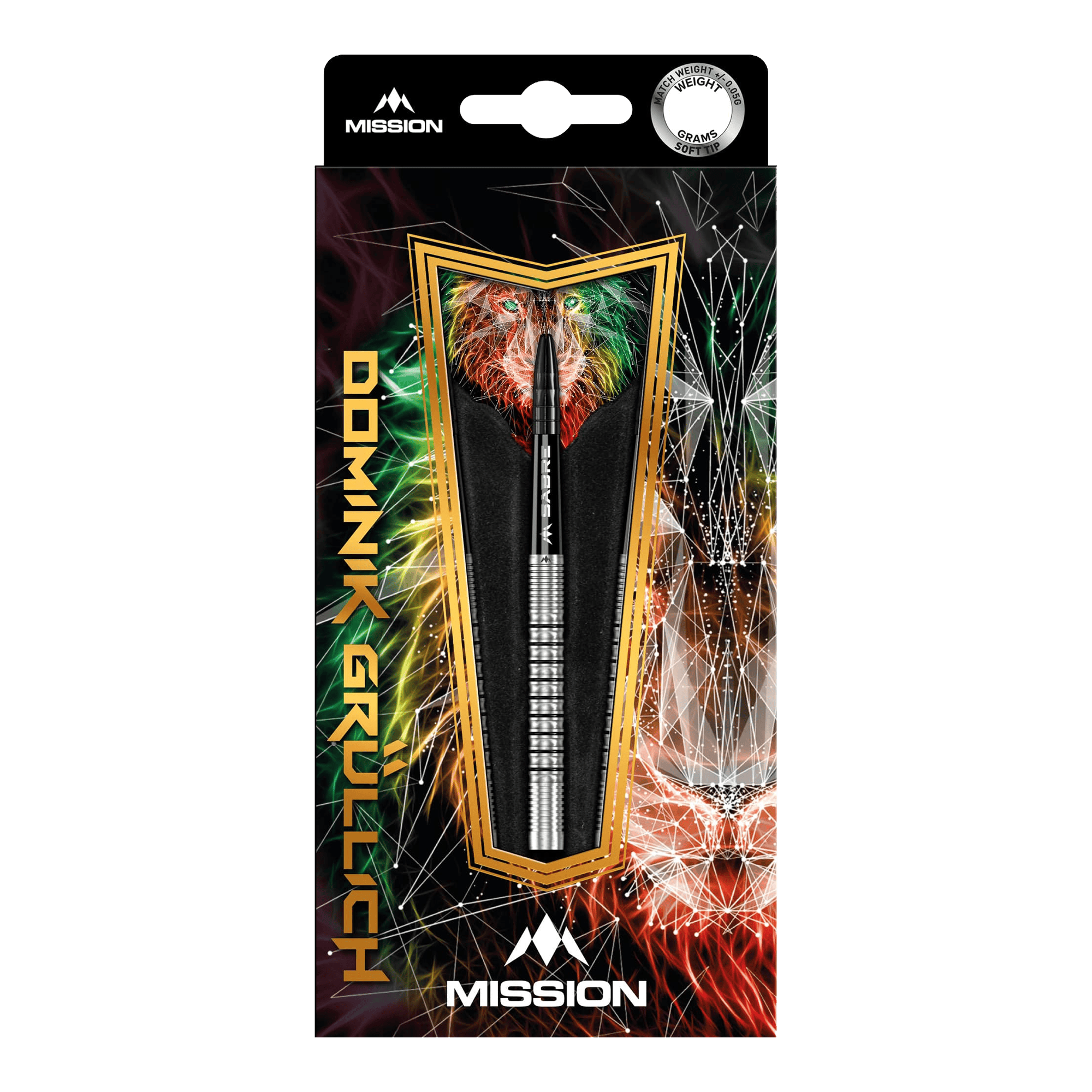 Missione Dominik Grüllich Steeldarts Die Abbildung zeigt die Verpackung der "Mission Dominik Grüllich Steeldarts - 23,5g". Die Verpackung ist bunt gestaltet und zeigt einen einzelnen Dartpfeil in der Mitte.
