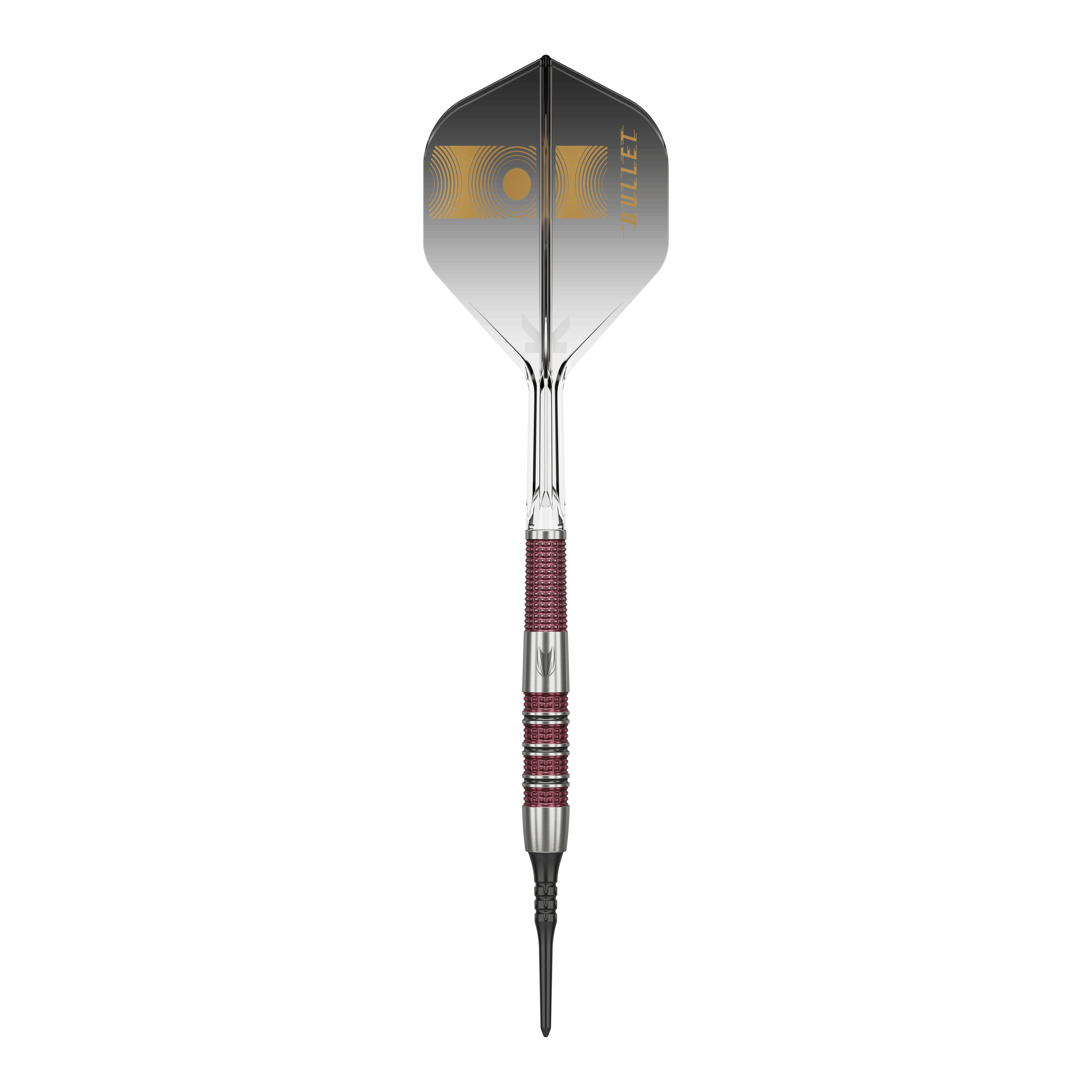 Das Bild zeigt einen Target Stephen Bunting 95K Softdart mit einem Gewicht von 19 Gramm. Der Dart hat ein elegantes schwarzes und silbernes Design mit roten Griffbereichen und einer schwarzen Flight mit goldenen Akzenten.