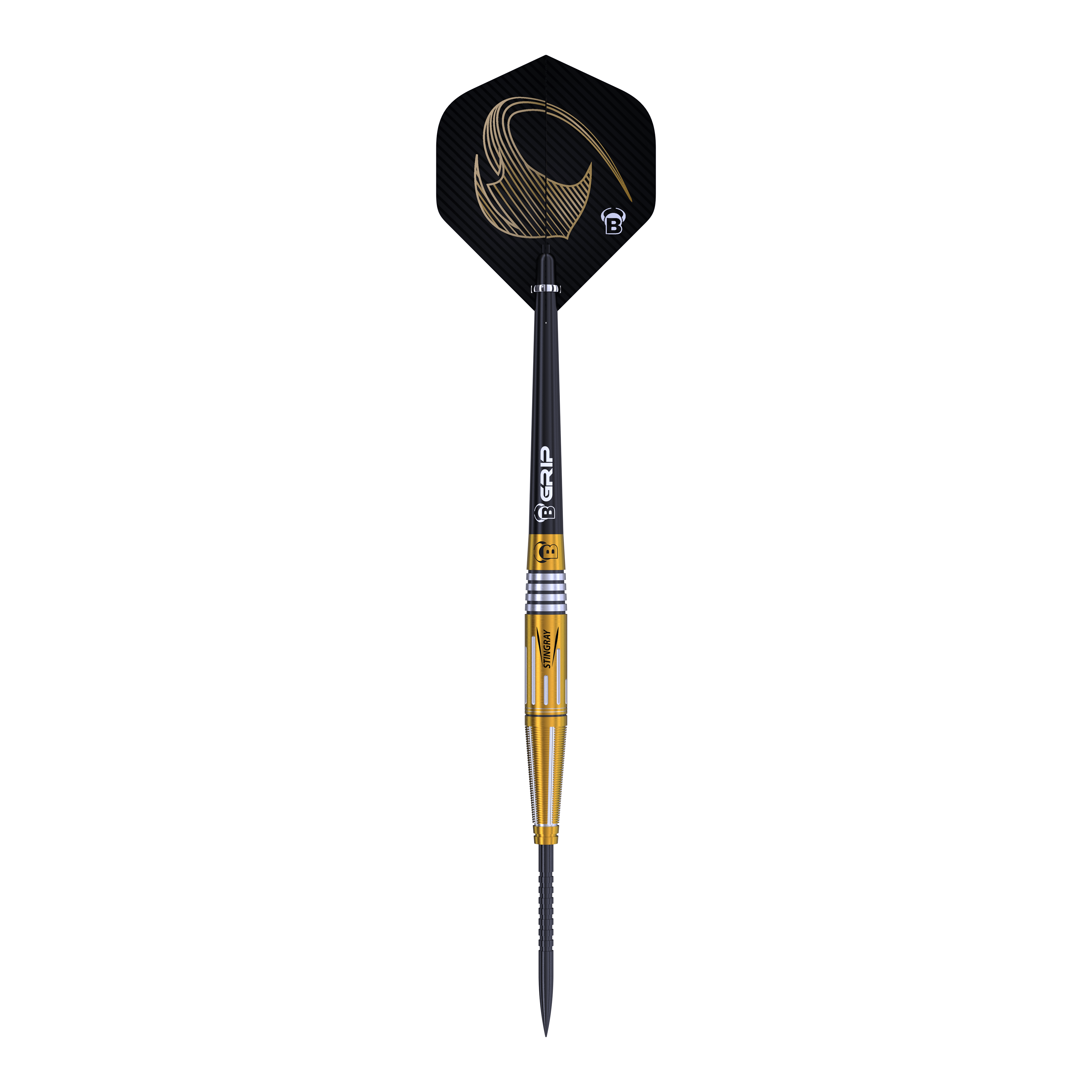 Freccette in acciaio Bulls Stingray ST4 Das Bild zeigt den Bulls Stingray ST4 Steeldart mit einem eleganten Design in Schwarz und Gold. Der Dart hat eine schlanke Form und ist mit einem auffälligen Flight ausgestattet.
