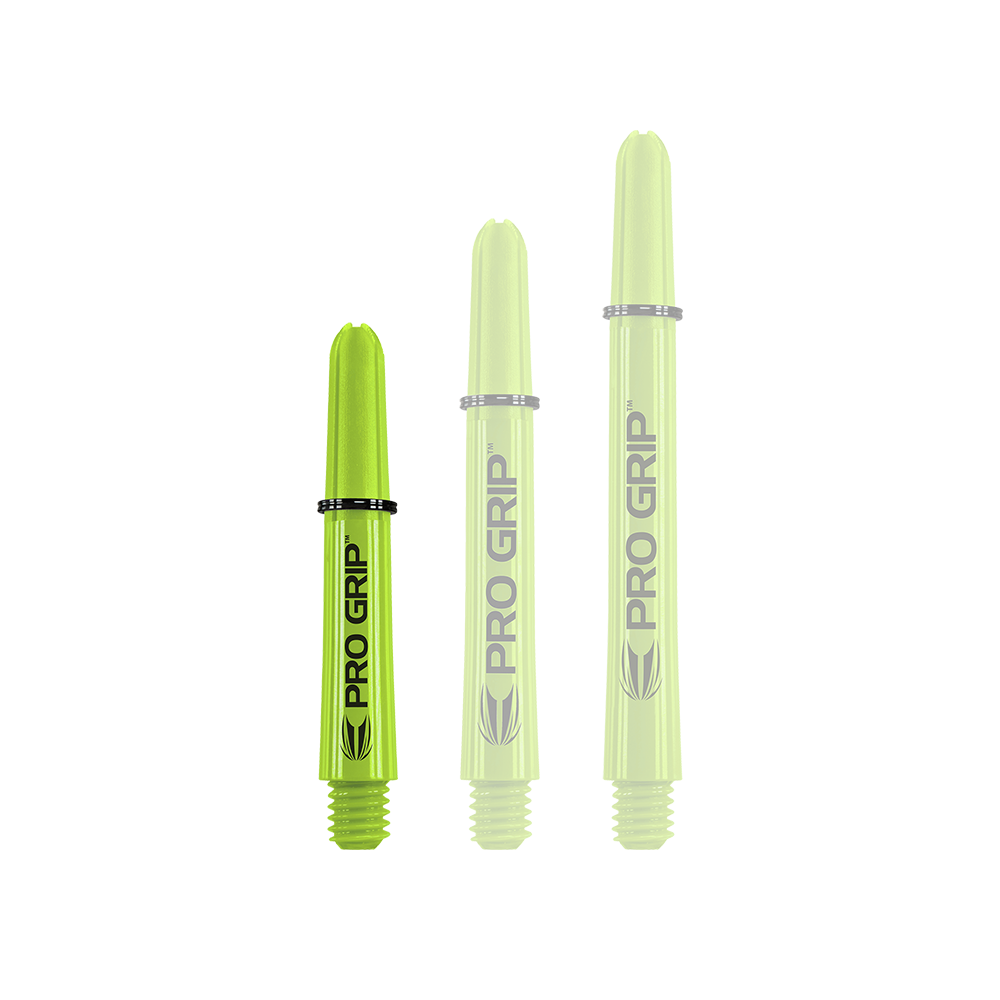 Target Pro Grip Shafts - 3 set - Verde lime Das Bild zeigt drei limegrüne Pro Grip Shafts in unterschiedlicher Länge. Auf jedem Schaft steht gut sichtbar der Schriftzug "PRO GRIP".