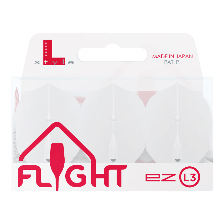 Voli L-L-Style3EZ Auf dem Bild ist eine Verpackung von L-Style Flights für Darts zu sehen. Die Verpackung ist weiß und enthält drei Flights des Typs EZ L3, hergestellt in Japan.