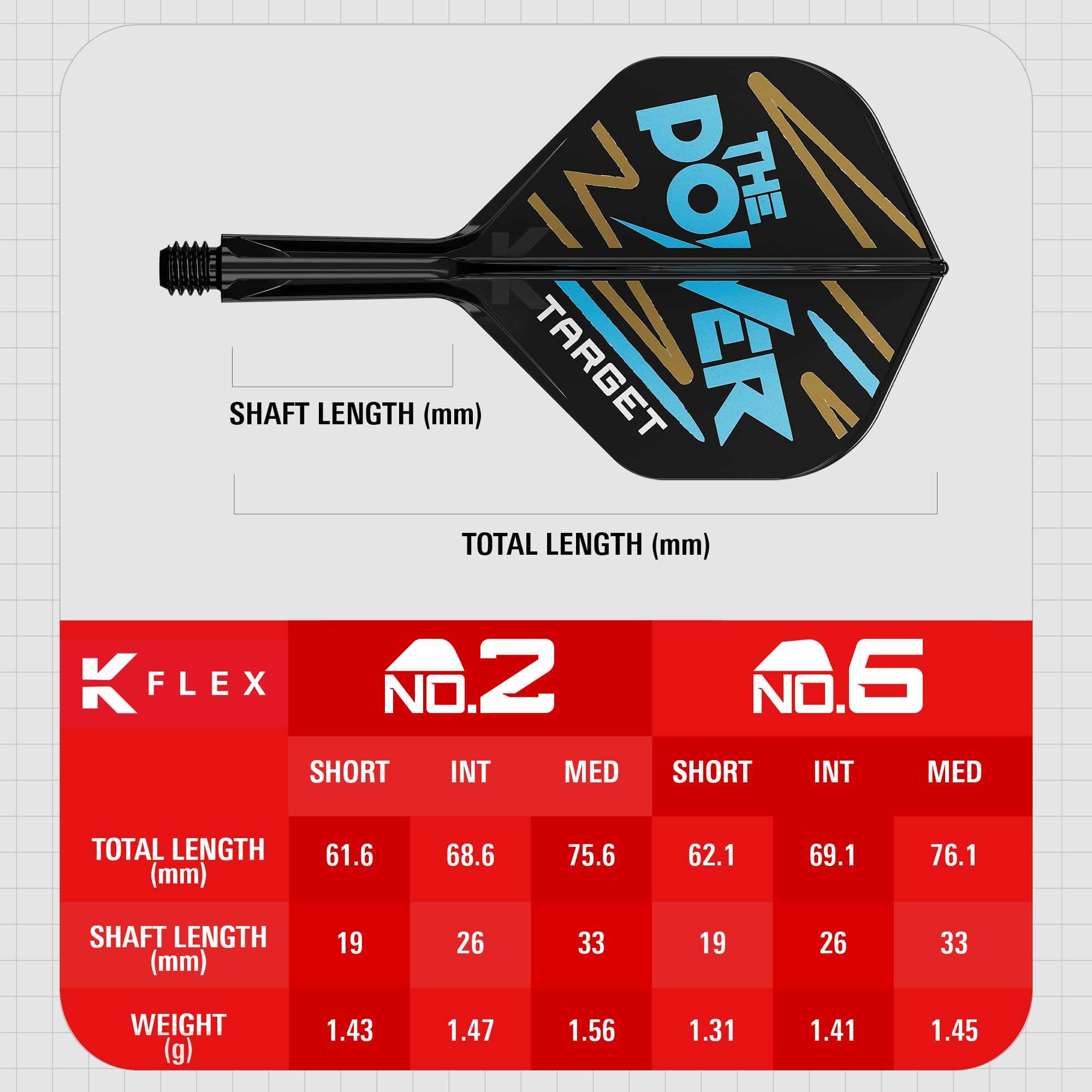 Sistema di alberi di volo standard Target K-Flex Phil Taylor No2 Das Bild zeigt das Produkt „Target K-Flex Phil Taylor No2 Standard Flights“ mit einer grafischen Darstellung und Maßen. Unten sind Tabellen mit Längen- und Gewichtsangaben für verschiedene Größen des Produkts abgebildet.