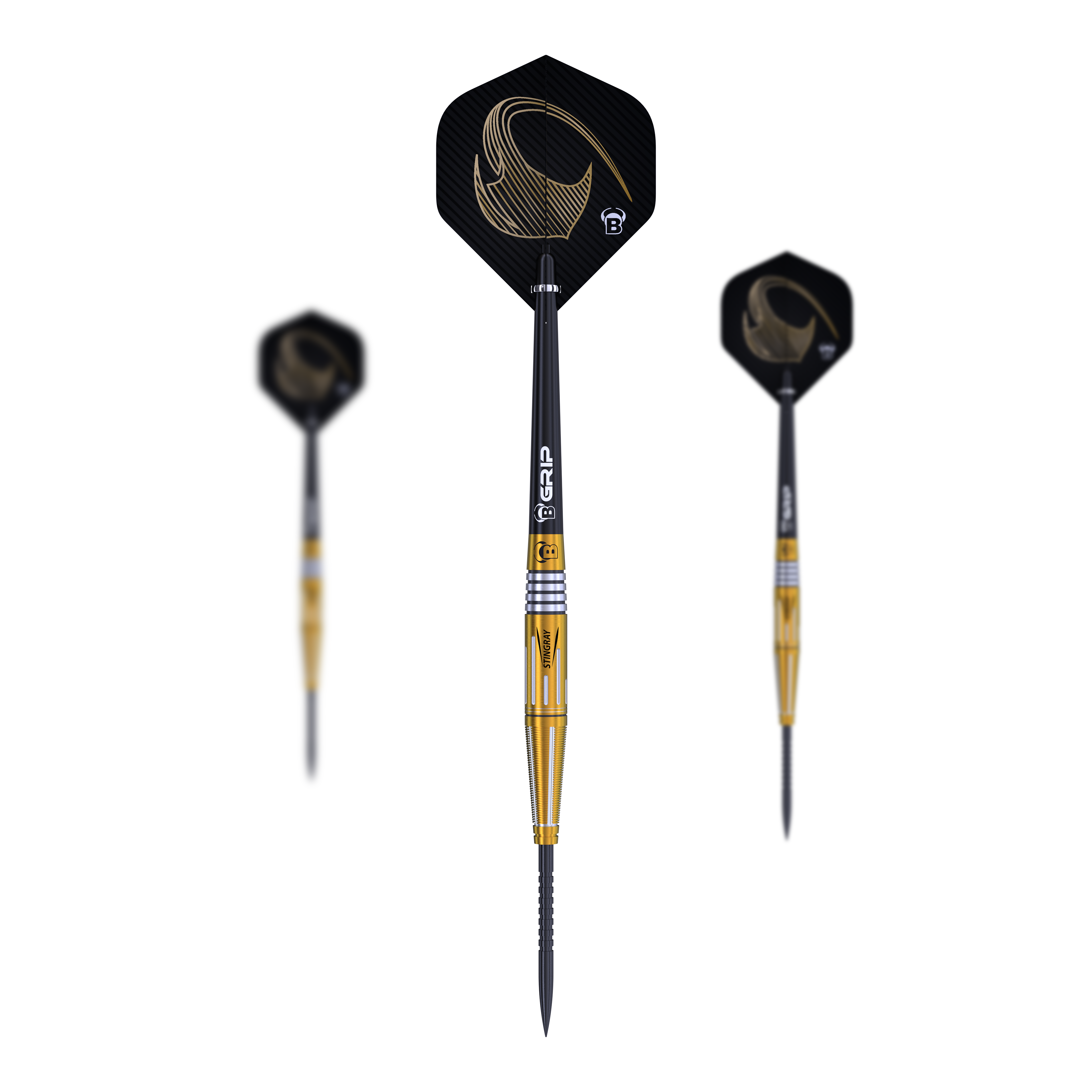 Freccette in acciaio Bulls Stingray ST4 Das Bild zeigt drei Steeldarts des Modells "Bulls Stingray ST4". Die Darts haben goldene und schwarze Akzente sowie Flights mit einem goldenen Muster.