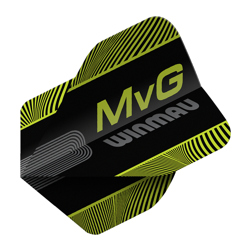 Winmau Prism Delta MvG Nero Verde Testo No2 Voli Standard Abgebildet sind die Winmau Prism Delta MvG Black Green Text No2 Standard Flights. Diese Dart-Flights haben ein schwarzes und grünes Farbmuster mit Schriftzug.