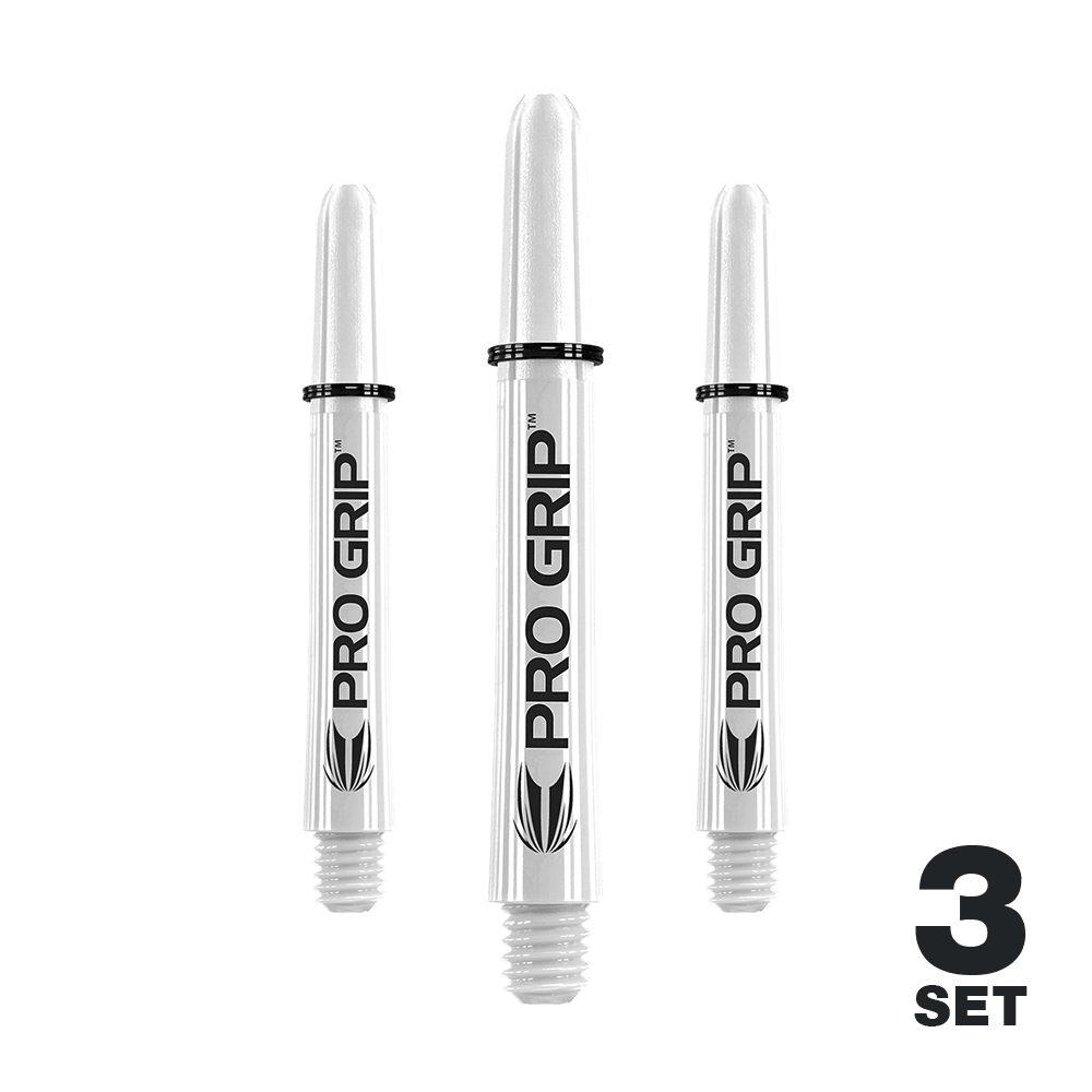 Target Pro Grip Shafts - 3 set - Bianco Das Bild zeigt drei weiße "Pro Grip" Shafts für Dartpfeile. In der unteren rechten Ecke steht "3 SET".