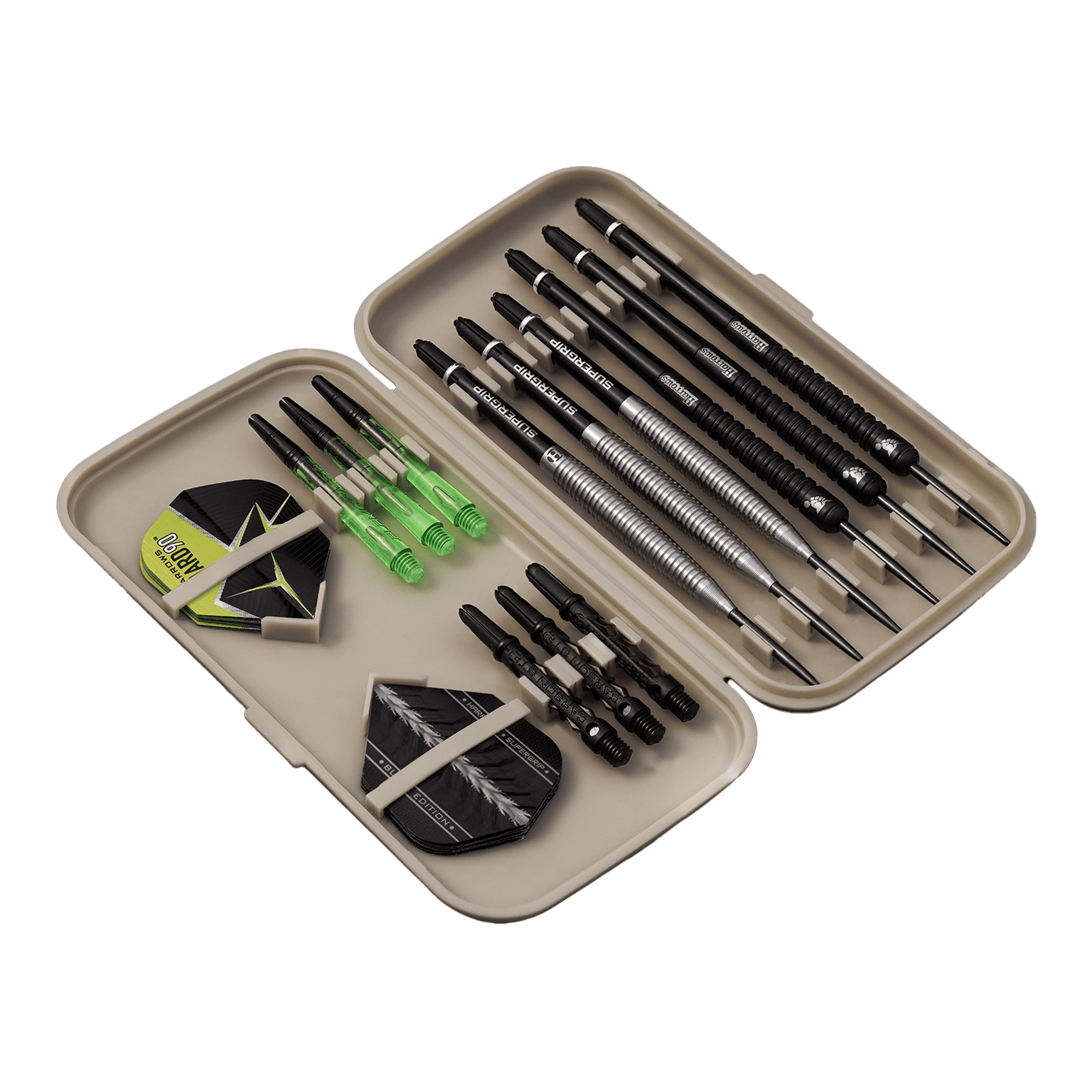 Custodia per freccette Harrows Slimcase Die Abbildung zeigt ein geöffnetes Etui mit mehreren Darts, Ersatzflights und Shafts. Die Darts und Zubehörteile sind ordentlich in dem hellgrauen Slimcase sortiert.