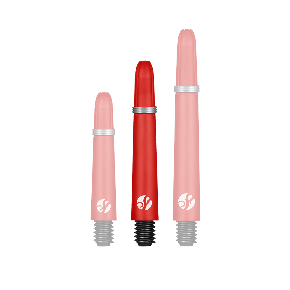 Shot Koi Carbon Shafts - Rosso Das Bild zeigt drei rote Dartschafts in unterschiedlichen Längen. Sie haben schwarze Gewinde und Silberringe zur Befestigung.