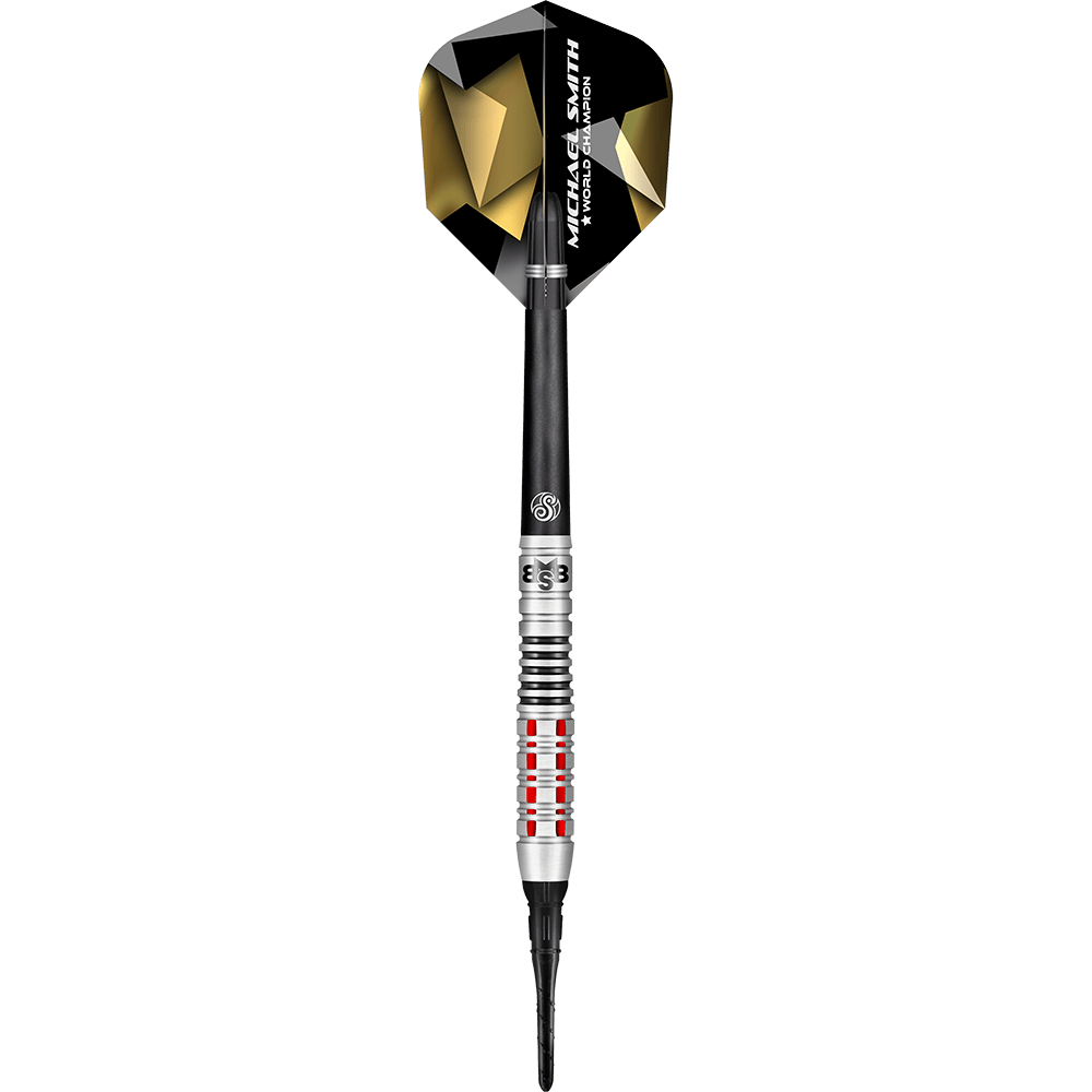 Shot Michael Smith Credi alle freccette morbide Das Bild zeigt den Softdart „Shot Michael Smith Believe“. Der Dart hat ein schwarzes Flight mit goldenen Akzenten und eine silberne Spitze mit roten Ringen.