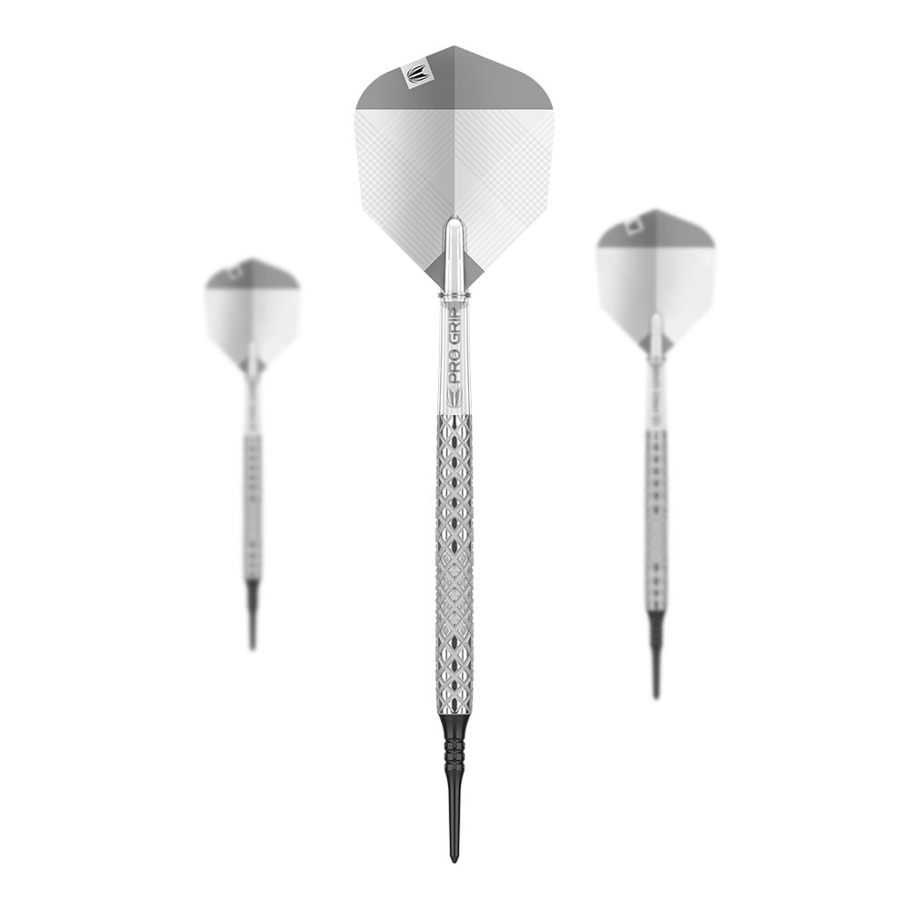 Target Nastri 11 freccette morbide Das Bild zeigt drei silberne Softdarts des Modells "Target Nastri 11". In der Mitte ist ein Dartpfeil von vorne zu sehen, während links und rechts je einer seitlich dargestellt ist.