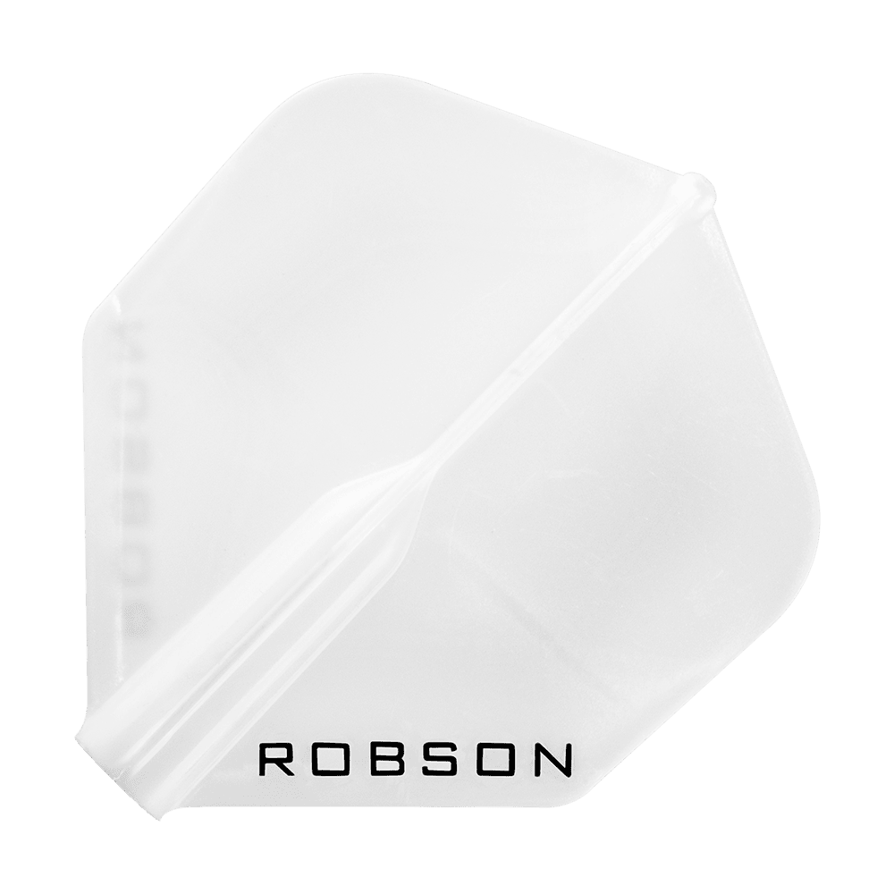 Das Bild zeigt ein weißes Dart-Flügelblatt mit der Aufschrift "ROBSON". Es hat eine klassische, standardmäßige Form und ist durchsichtig.