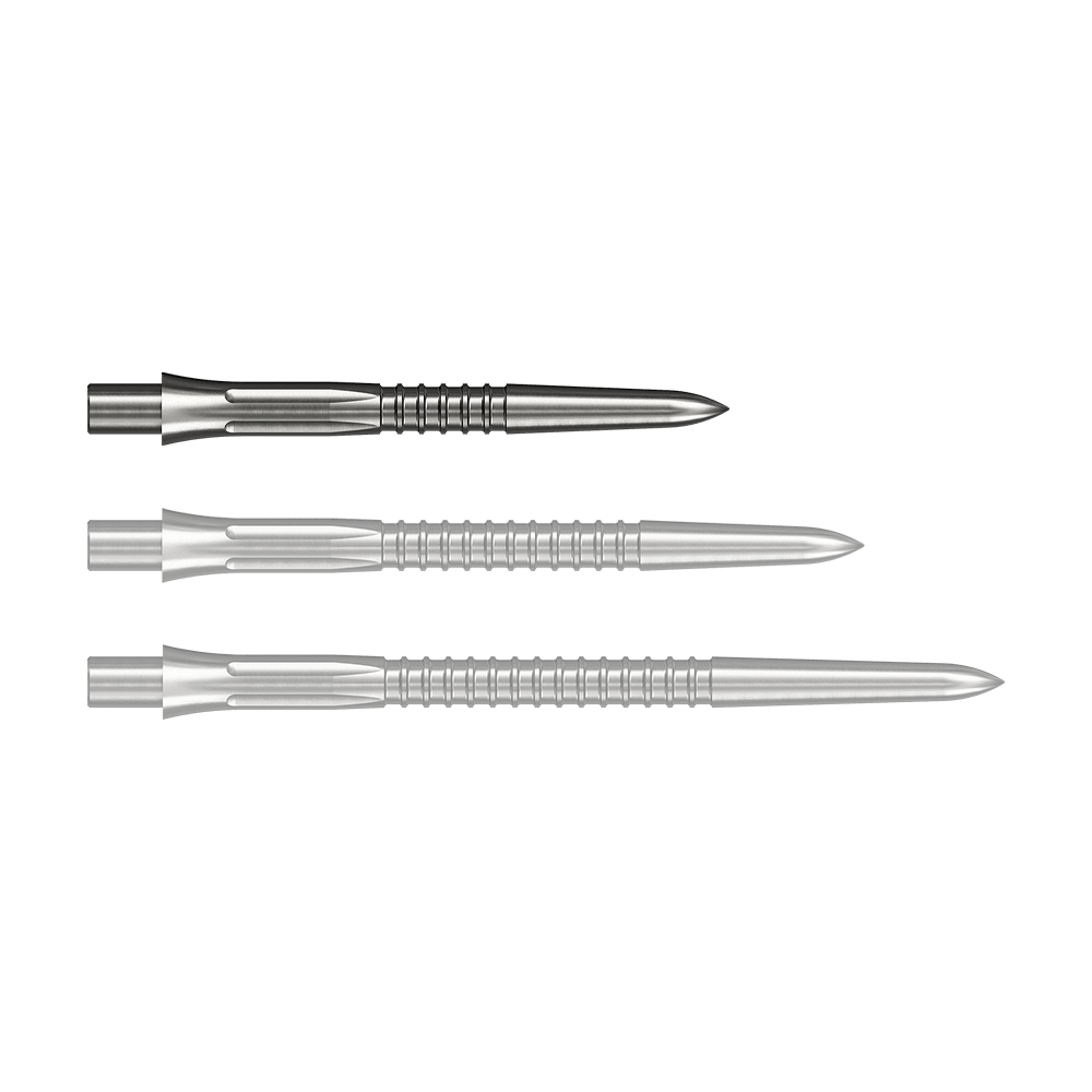 Punte per freccette Mission Caliburn EVO GV1 - argento Das Bild zeigt Steeldartspitzen in Silber mit einer Länge von 26 mm. Einzelne Spitzen sind gut erkennbar dargestellt.