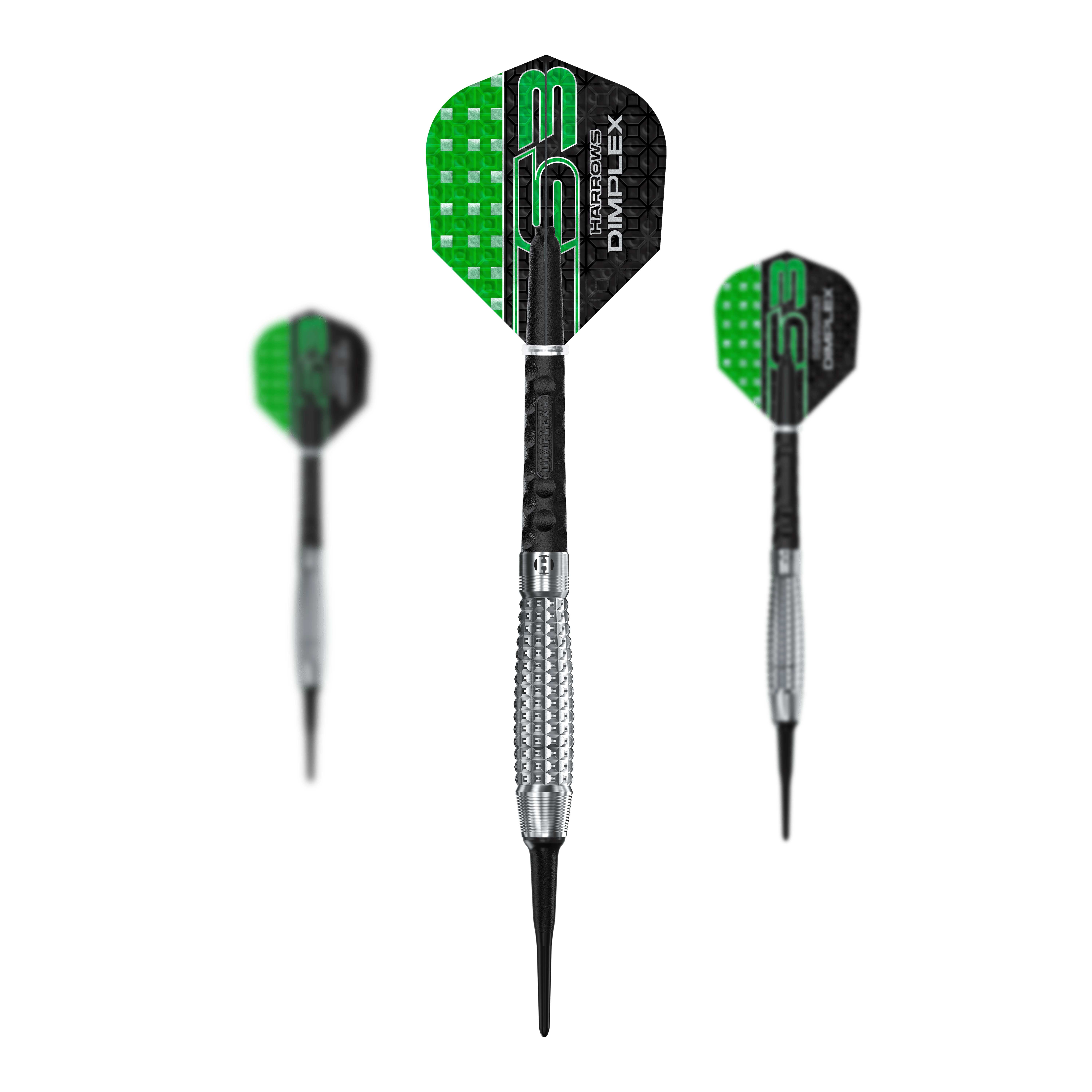 Freccette morbide Harrows Dimplex S3 Bomb Harrows Dimplex S3 Bomb Softdarts sind als Set abgebildet. Die Darts sind kompakt geformt.