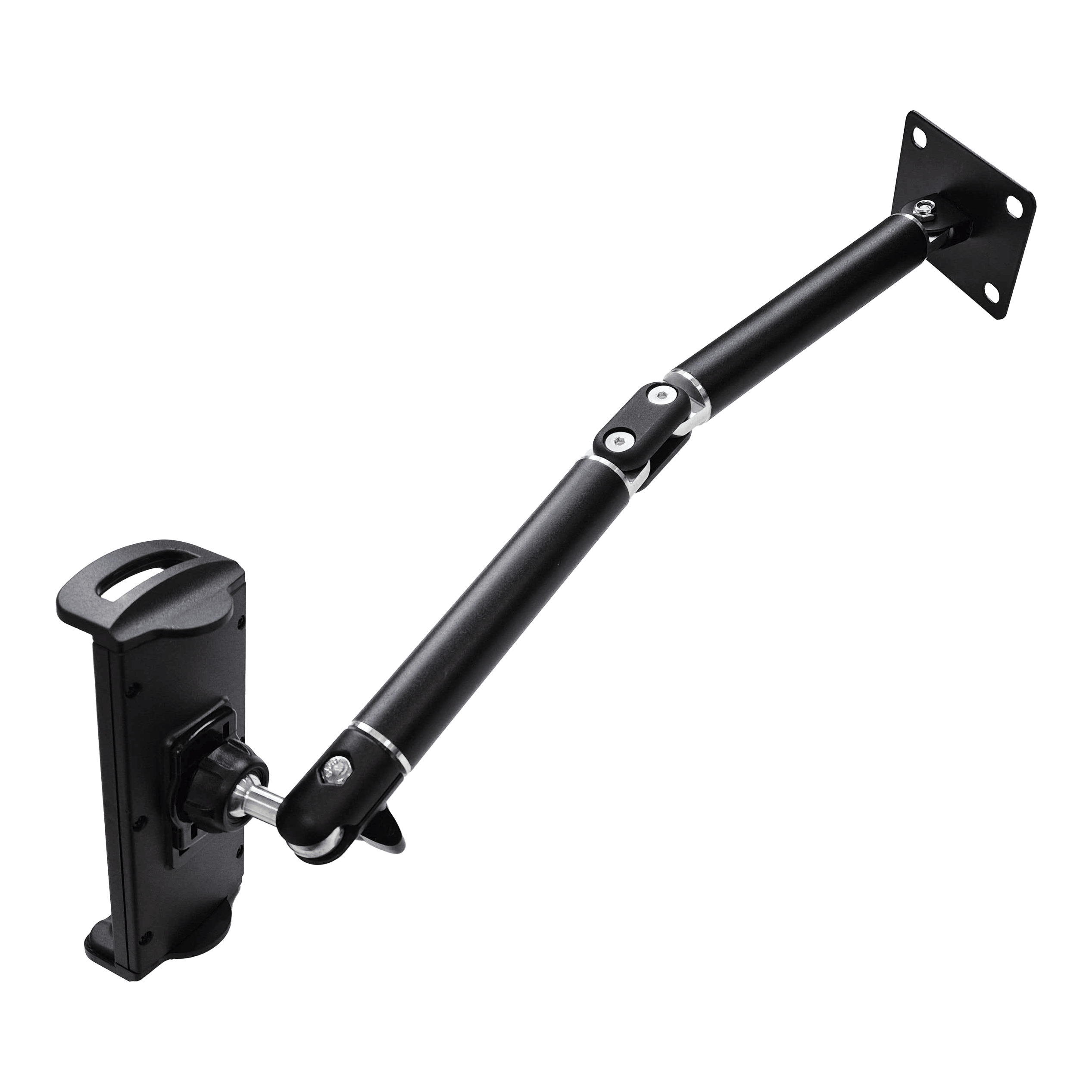 Supporto da parete per tablet McDart TABFlex con braccio flessibile Dieses Bild zeigt die McDart TABFlex Tablet Wandhalterung mit flexiblem Arm. Die Halterung ist schwarz und lässt sich an der Wand befestigen, um ein Tablet flexibel auszurichten.