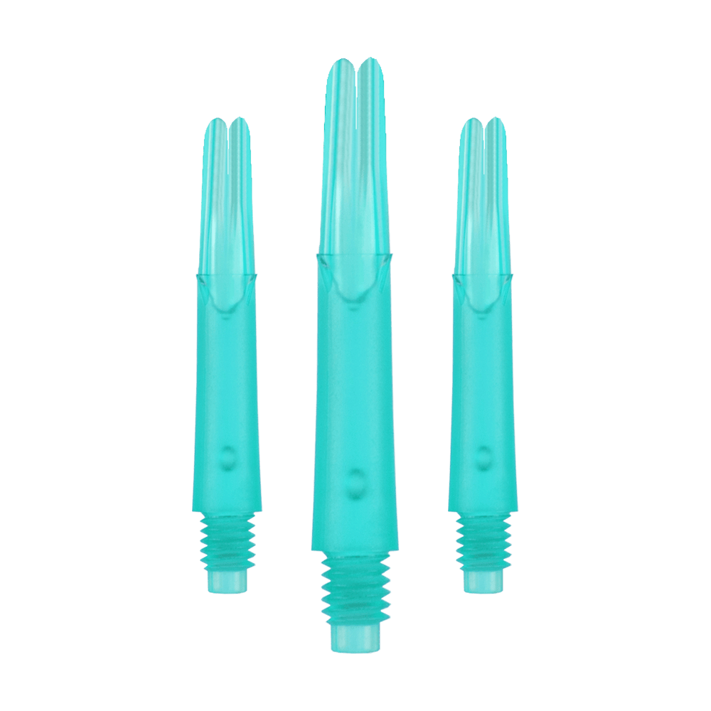 Alberi a L bloccati dritti - Smeraldo Das Bild zeigt drei türkisfarbene Dartshafts aus Kunststoff in einer Reihe. Sie haben ein gerades Design und sind unten mit einem Gewinde versehen.