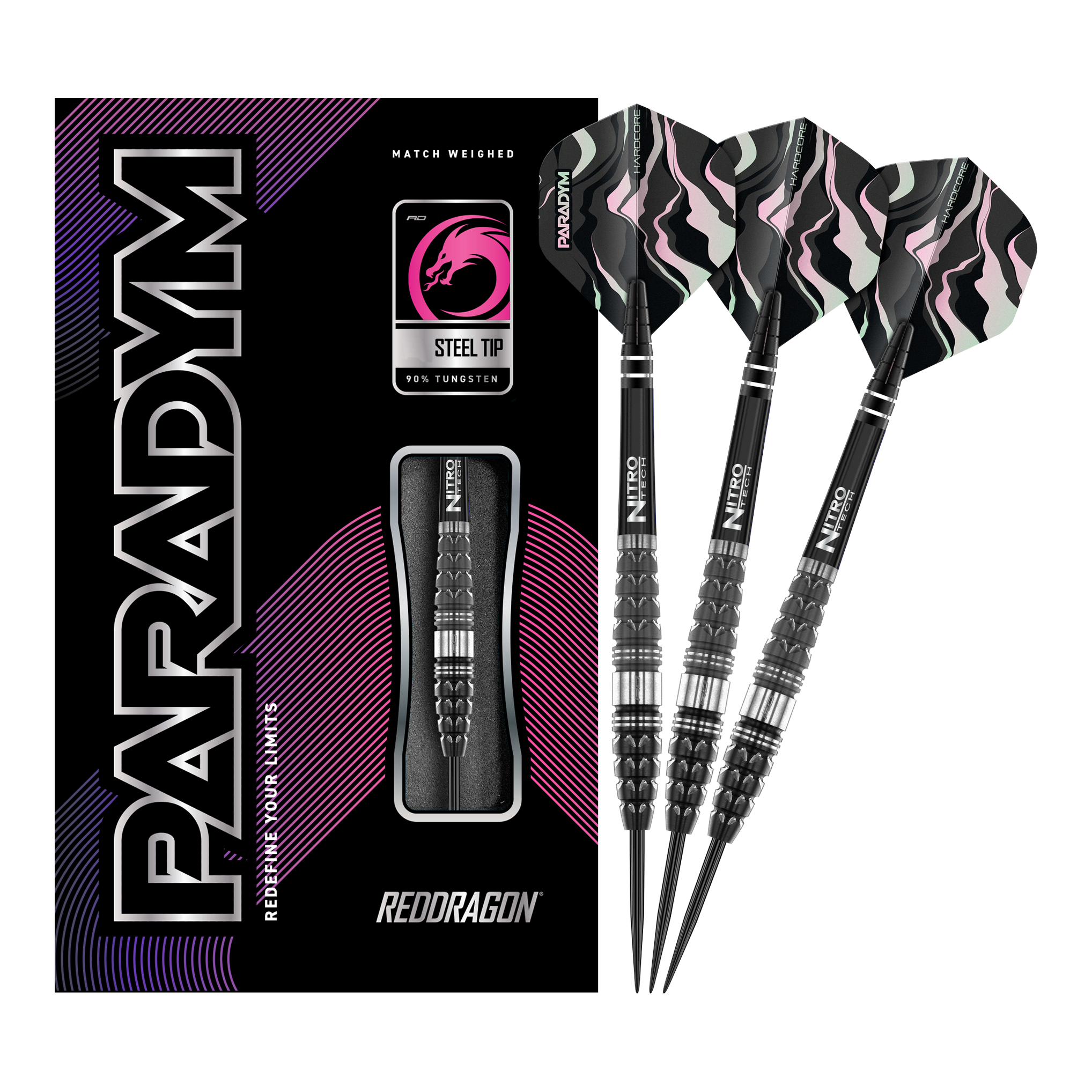 Dardi in acciaio Paradym Torpedo del drago rosso Das Bild zeigt die Red Dragon Paradym Torpedo Steeldarts zusammen mit ihrer Verpackung. Die Darts haben ein schwarz-silbernes Design und sind für Präzision und Langlebigkeit bekannt.
