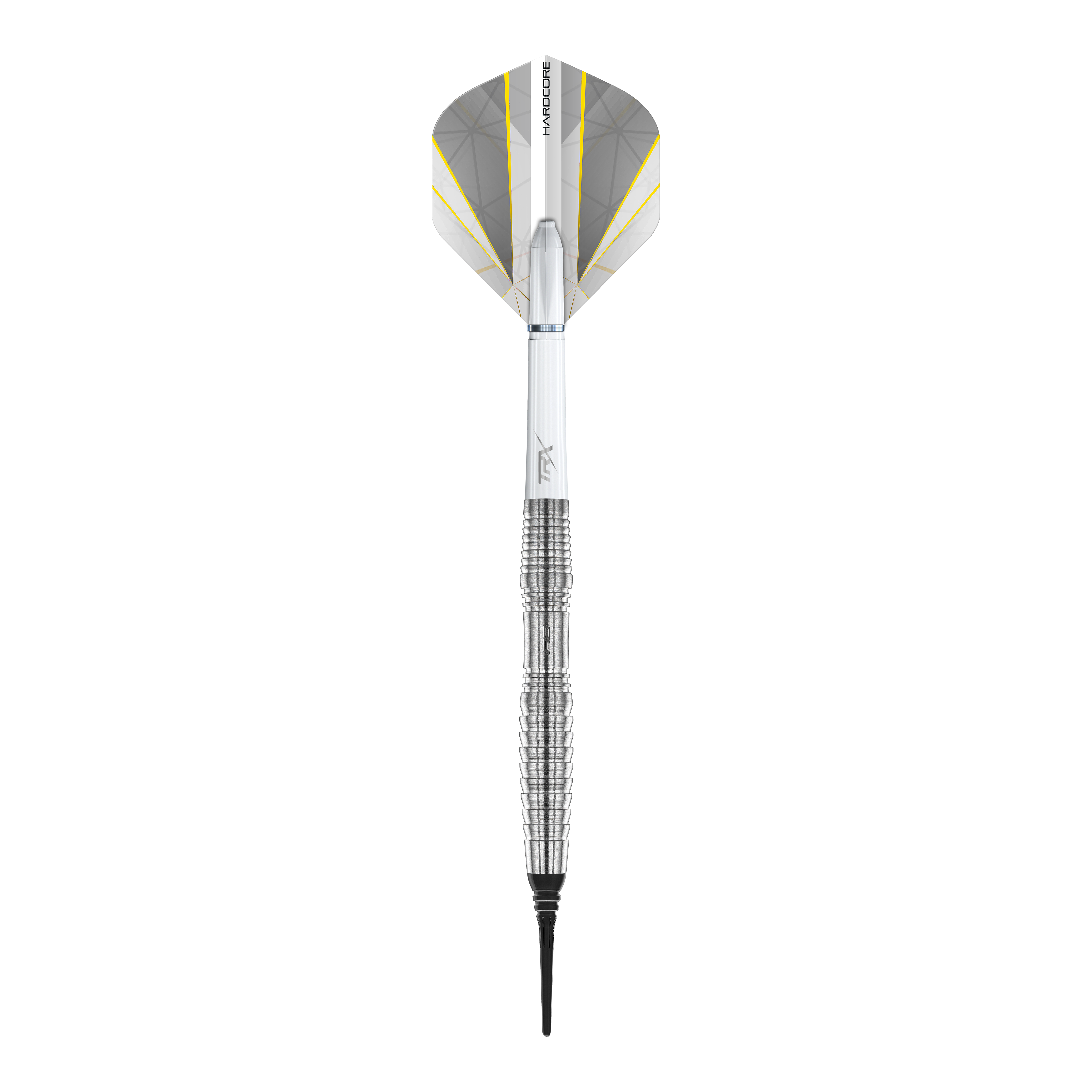 Red Dragon Seren 3 Pure Softdarts - 20 g Das Bild zeigt einen Red Dragon Seren 3 Pure Softdart mit einem Gewicht von 20g. Der Dart hat ein silberfarbenes, geriffeltes Barrel und weiße Flights mit gelben Akzenten.