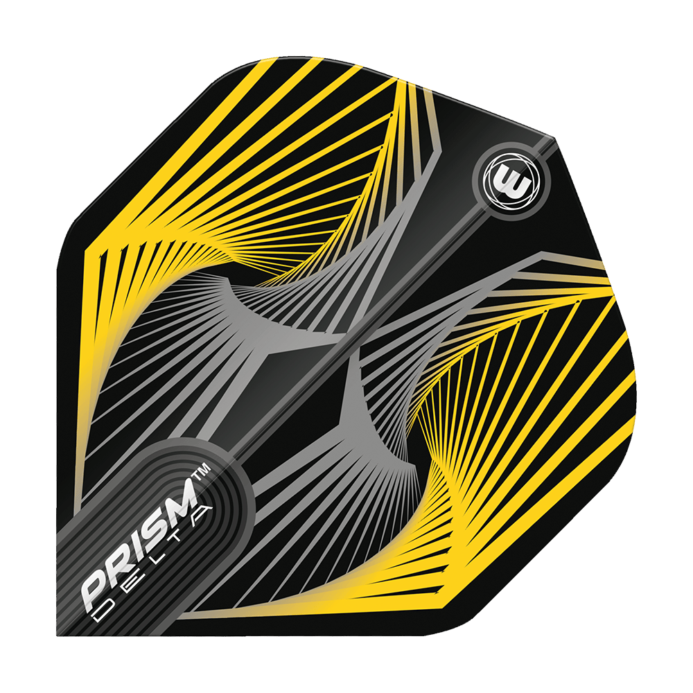 6915-241_Winmau_Prism_Delta_Spiral_YellowGrey_Standard_Flights_10LqQqE7iBbMSm Das Bild zeigt das Produkt "Winmau Prism Delta Spiral YellowGrey Standard Flights". Das Flight ist in Schwarz mit gelben und grauen Spiralstreifen gestaltet.
