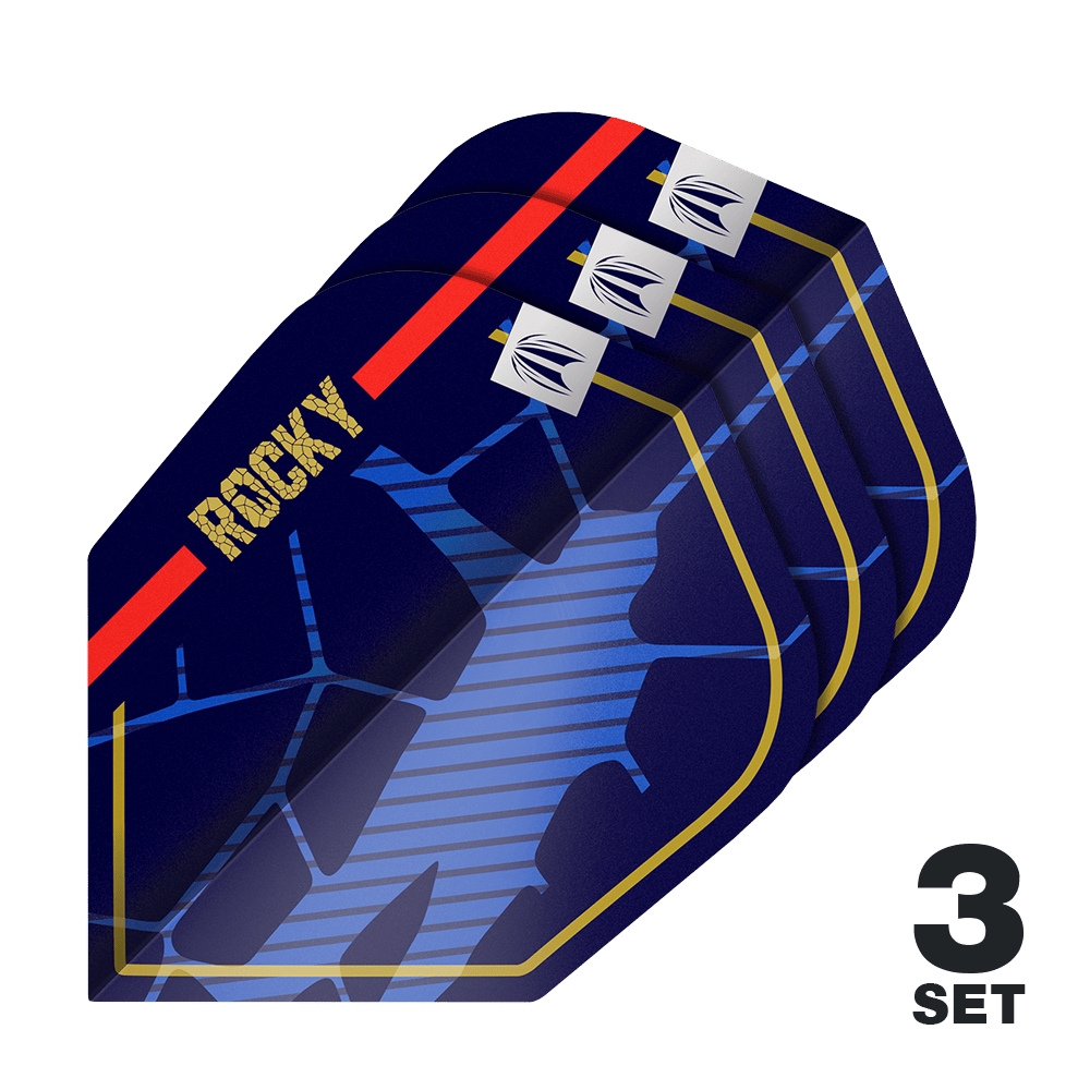 Target Pro Ultra Josh Rock GEN1 No6 Flights - 3 set Das Bild zeigt drei Sätze der Target Pro Ultra Josh Rock GEN1 No6 Flights. Die Flights sind dunkelblau mit goldenen, roten und blauen Designelementen sowie dem Schriftzug "ROCKY".