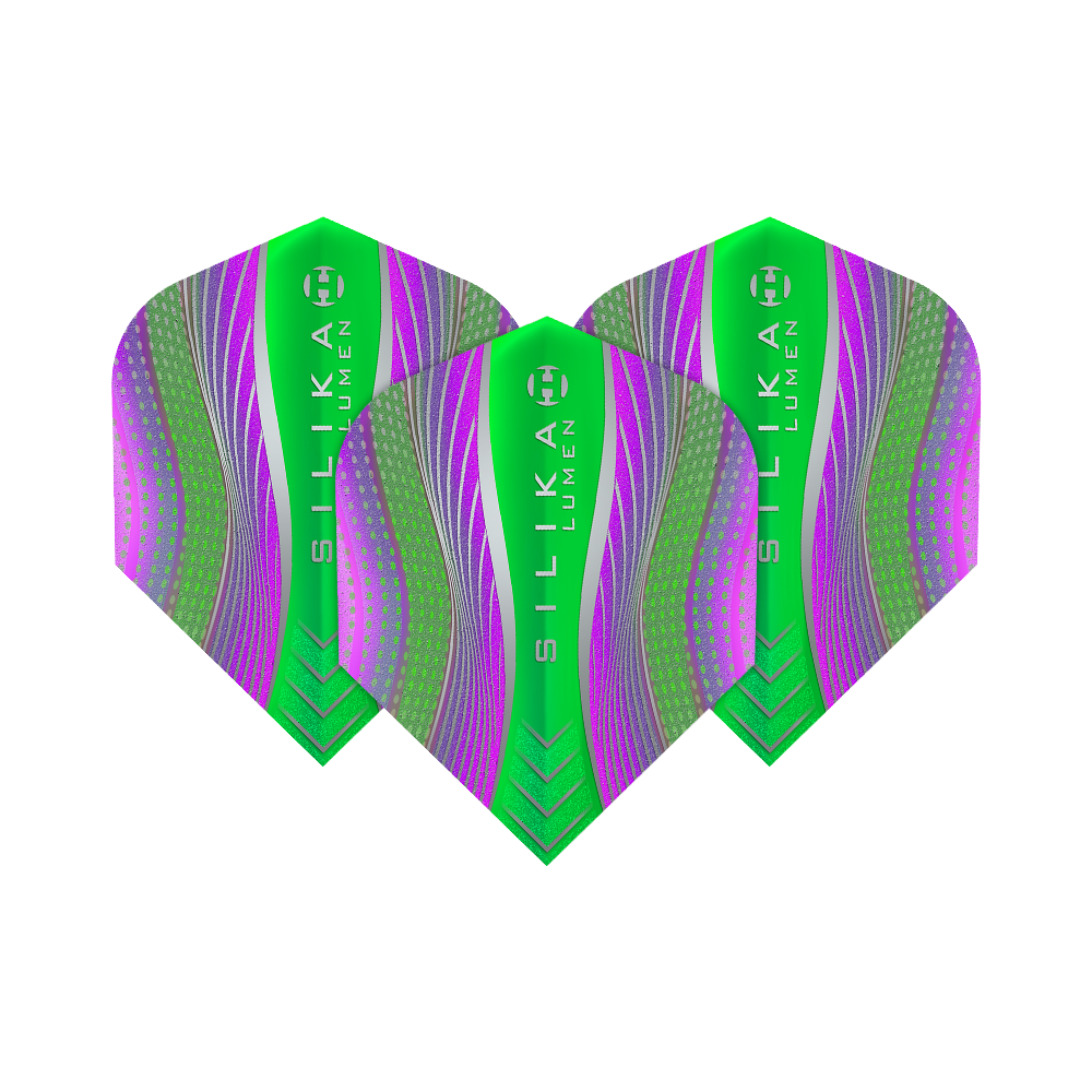 HF5125_Harrows_Silikia_Lumen_Purple_Green_No6_Flights_1yJ34B48Q5pQhO Harrows Silika Lumen Purple Green No6 Flights. Die Abbildung zeigt Dartflights mit lila und farbigen Details.