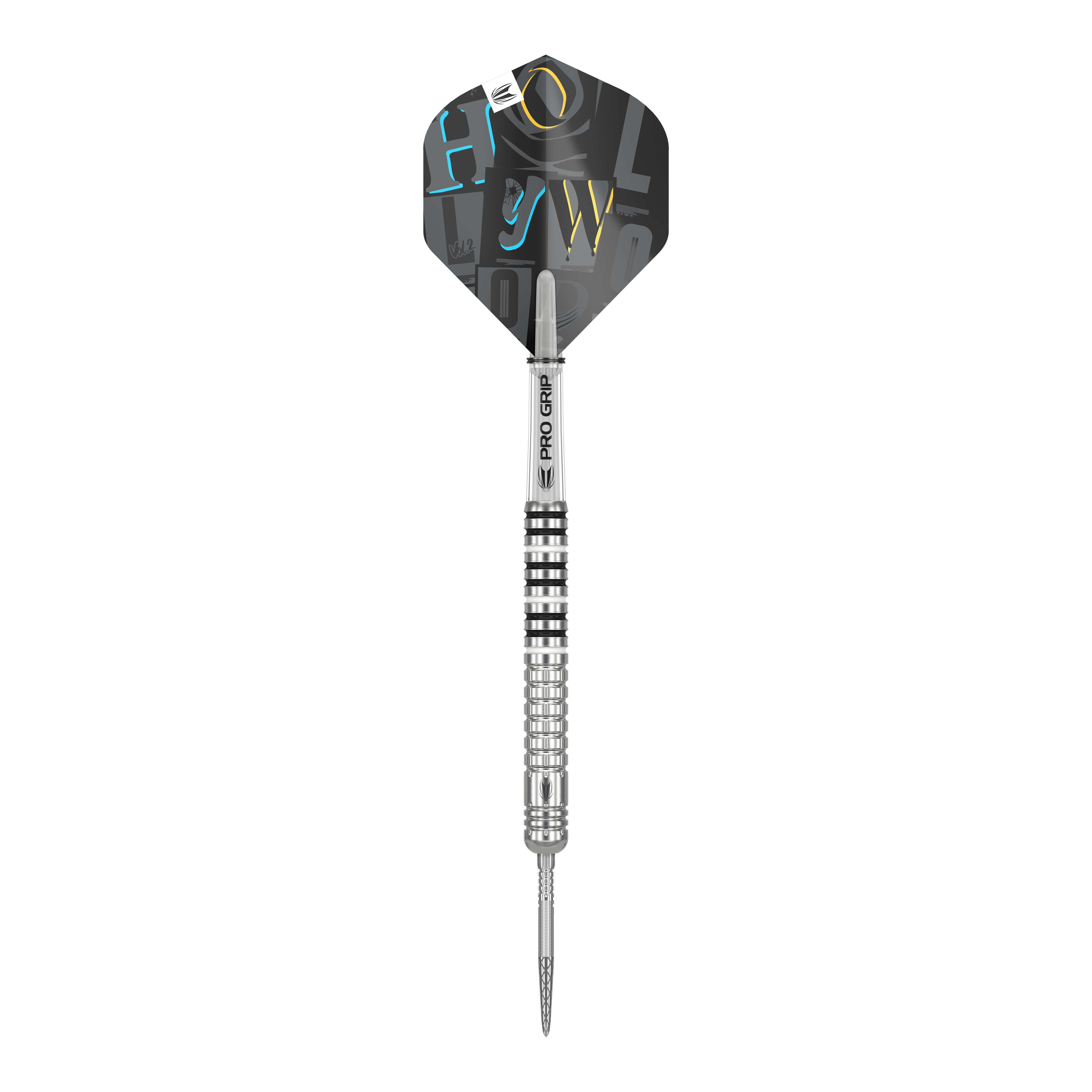 Freccette in acciaio Chris Dobey GEN1 Swiss Point Das Bild zeigt einen silbernen Steeldartpfeil mit einer schwarzen Flight und dem Aufdruck "PRO GRIP" auf dem Schaft. Der Flight hat farbige Buchstaben in Blau, Gelb und Weiß aufgedruckt.