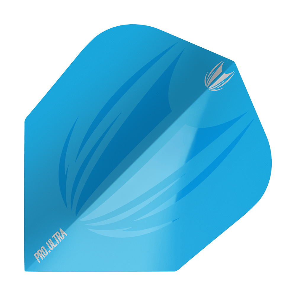 TG439_Target_ProUltra_ID_Lime_Blue_No6_Flights_1 Das Bild zeigt ein blaues Dart-Flügel-Produkt namens "Target ProUltra ID Lime Blue No6 Flights". Auf dem Flight sind stilisierte Grafiken und das Wort "PRO.ULTRA" zu sehen.