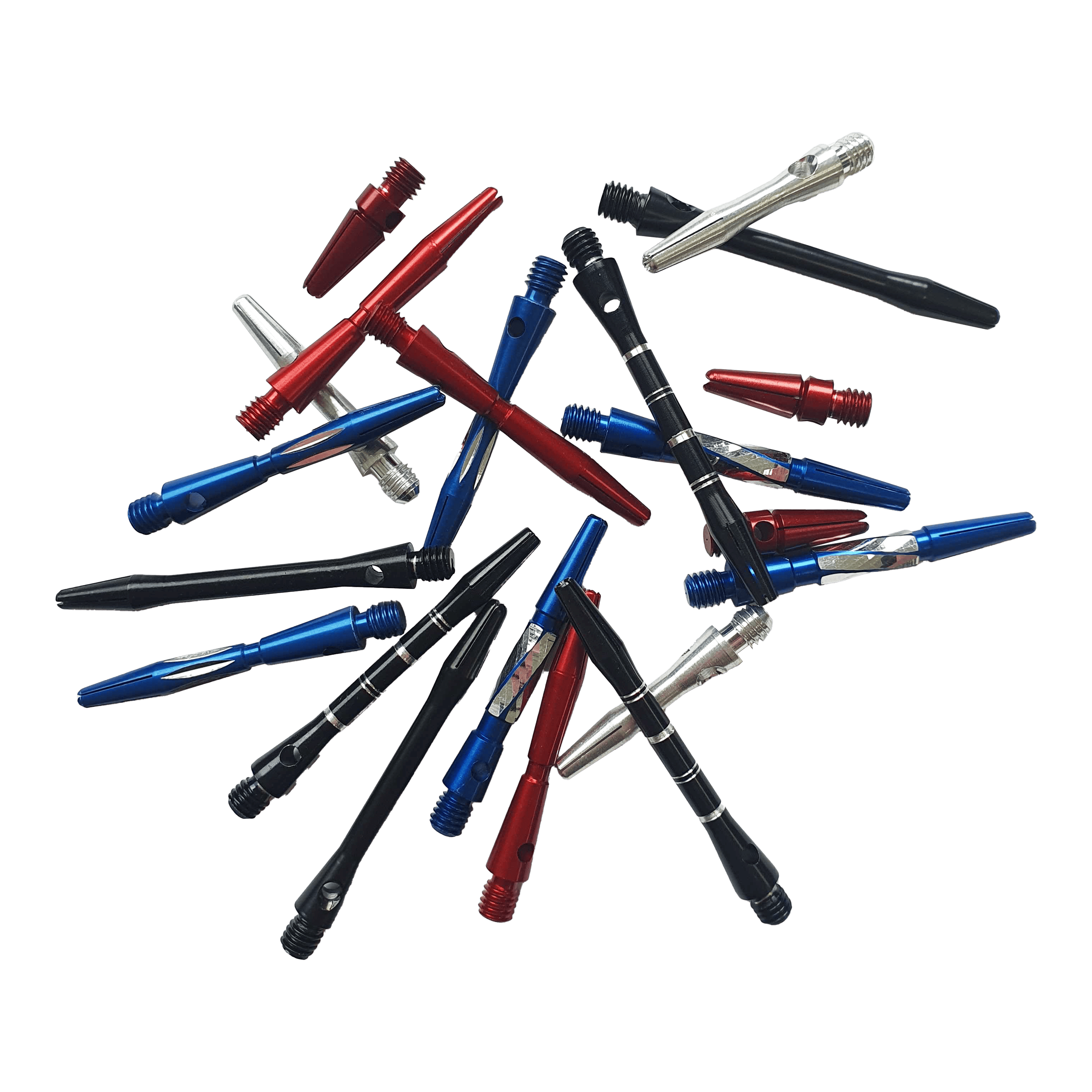Alu-Shaft Surprise Set - 7 set Das Bild zeigt eine Auswahl an bunten Aluminiumschäften für Dartpfeile. Die Schäfte sind in verschiedenen Farben wie Rot, Blau, Schwarz und Silber enthalten.