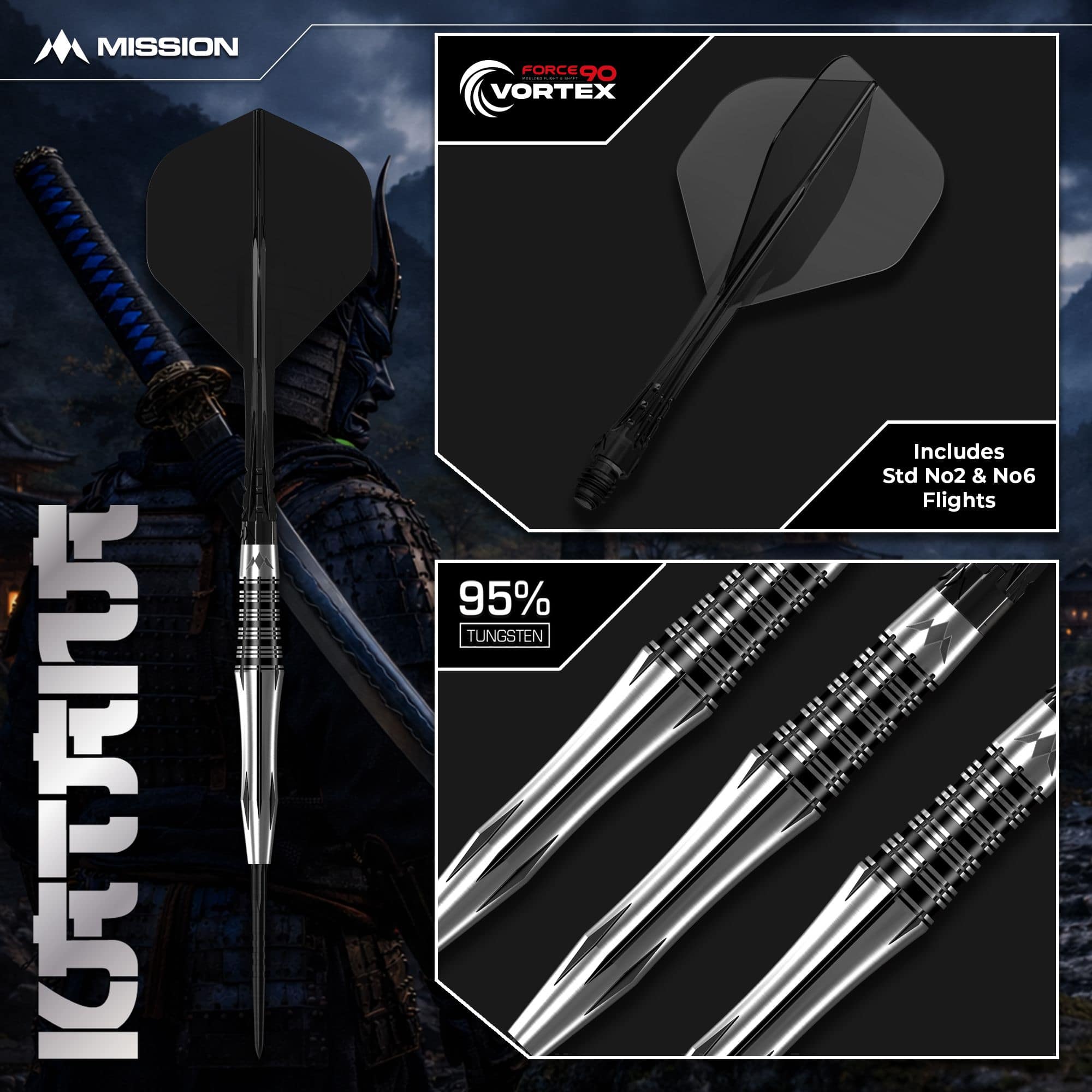 Freccette in acciaio Mission Katana Auf diesem Bild sieht man die Mission Katana Steeldarts. Sie sind beliebt wegen ihrer hochwertigen Verarbeitung und optimalen Flugeigenschaften.