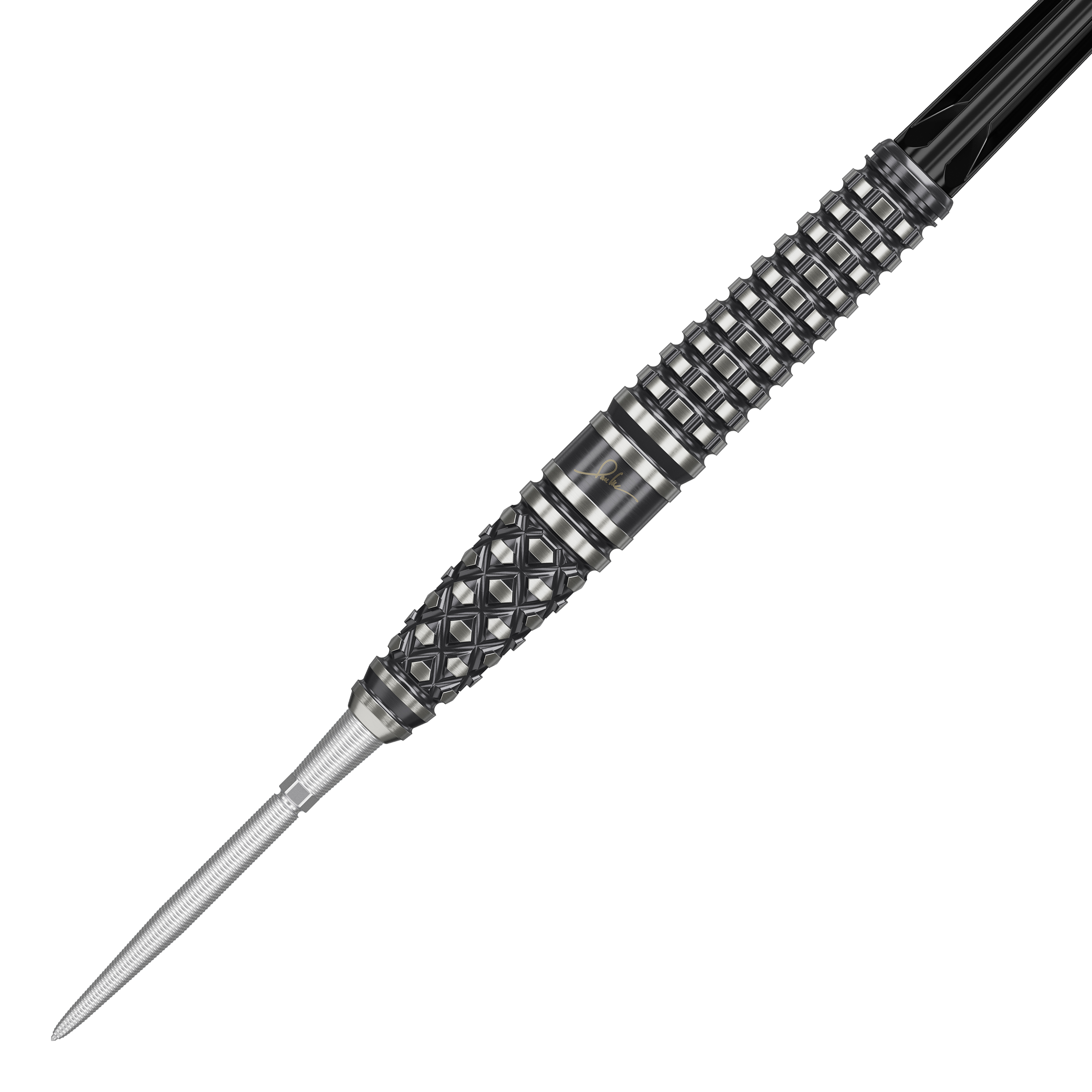 Target Japan Paul Lim The Legend GEN8 Swiss Point Steeldarts - 24 g Das Bild zeigt einen Target Japan Paul Lim The Legend GEN8 Swiss Point Steeldart mit 24g Gewicht. Der Dart hat ein detailreiches, strukturiertes Griffdesign in Schwarz und Silber.
