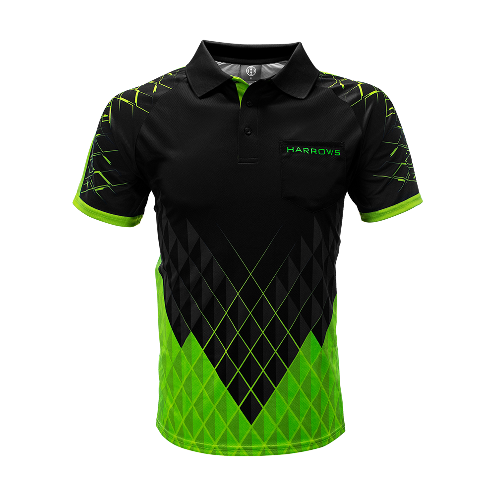 HRS-26333_Harrows_Paragon_Dartshirt_Gr-n_1 Harrows Paragon Dartshirt in auffälliger Farbe. Das Shirt ist flach und frontal dargestellt.