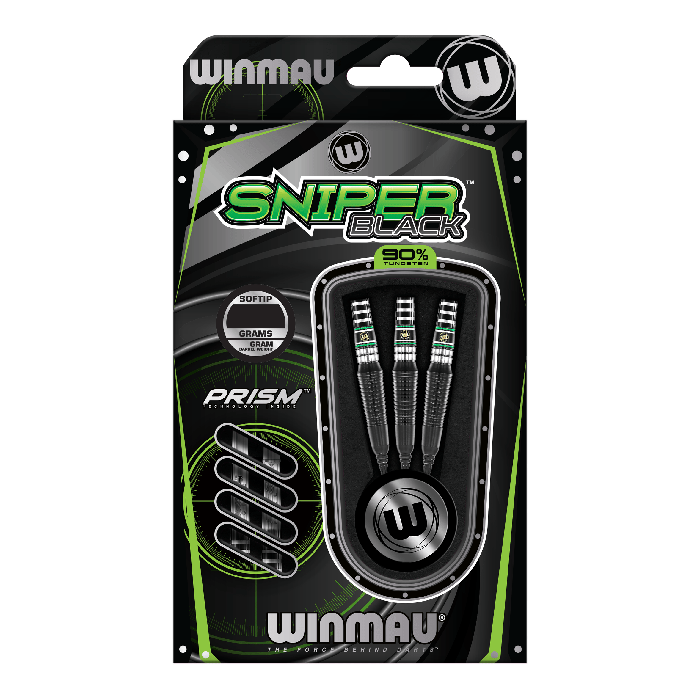 Freccette morbide Winmau Sniper Black 2025 - 20 g Die Abbildung zeigt die Winmau Sniper Black 2025 Softdarts mit einem Gewicht von 20 Gramm. Die Verpackung ist in Schwarz und Grün gehalten und enthält drei Softdarts mit 90% Tungsten.