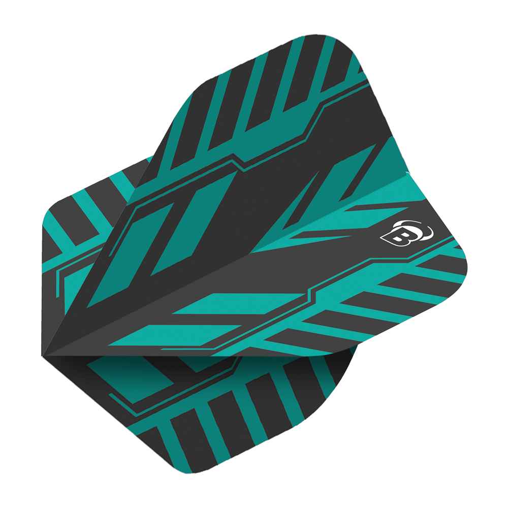 Das Bild zeigt das Produkt "Bulls B-Star Veco No2 Standard Flights". Es hat ein modernes, grafisches Design in Schwarz und Türkis mit einem weißen "B"-Logo.