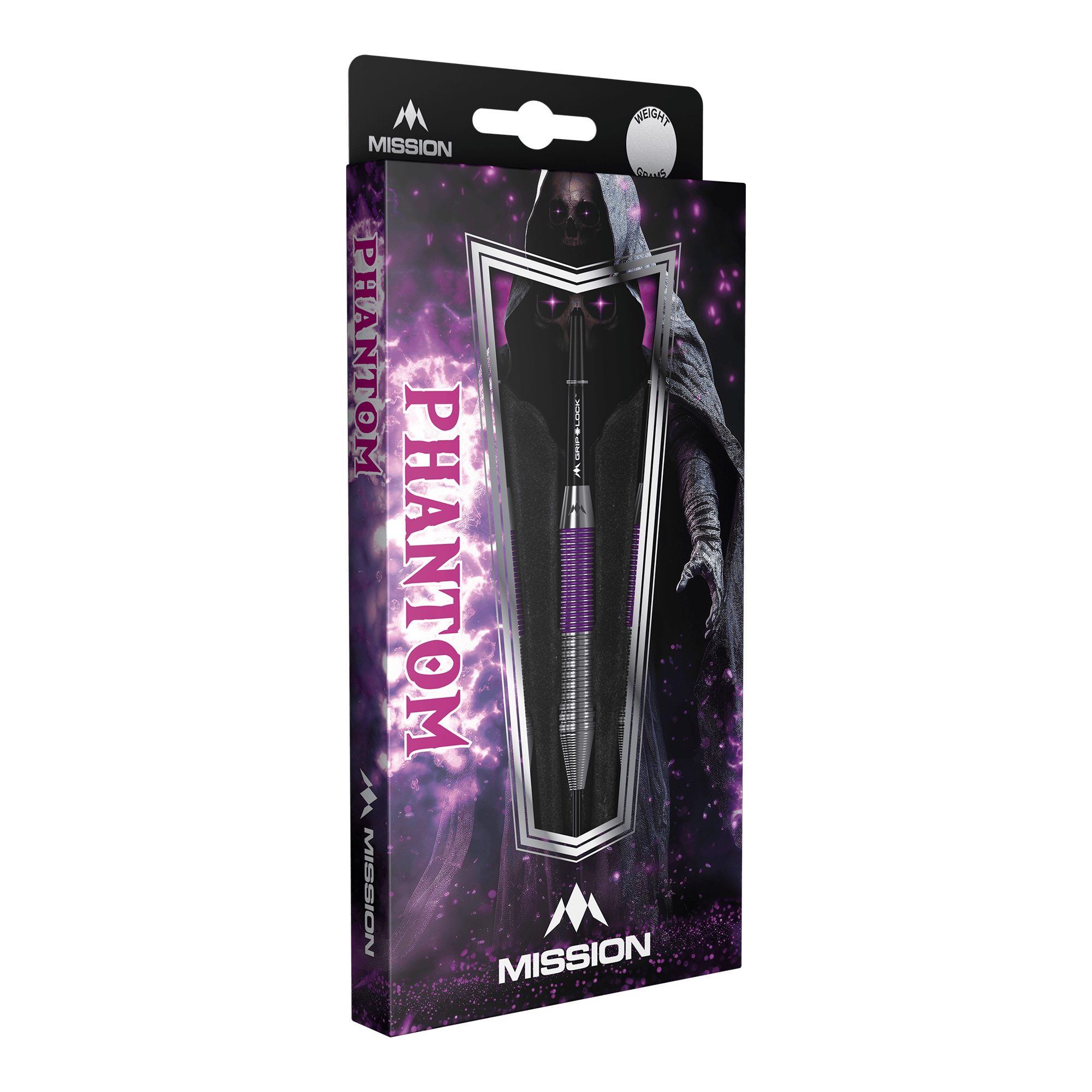 Freccette Mission Phantom in ottone e acciaio - 22 g Die Abbildung zeigt die Verpackung der "Mission Phantom Brass Steeldarts - 22g". Die Verpackung ist überwiegend lila und schwarz gestaltet und zeigt einen Dartpfeil sowie eine geheimnisvolle, schattenhafte Figur im Hintergrund.