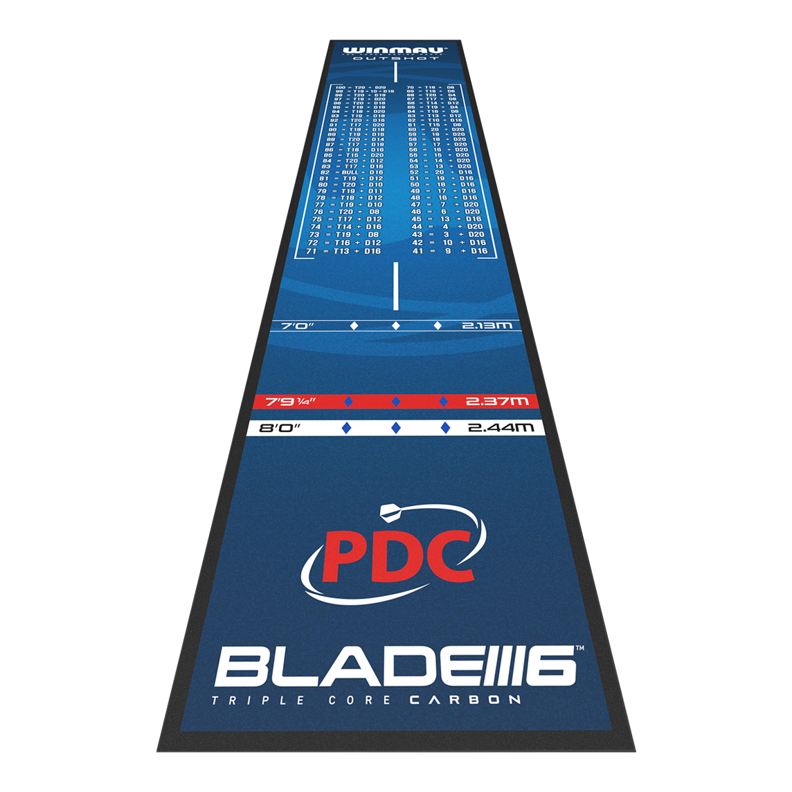 Tappetino per freccette Winmau Outshot Die Abbildung zeigt die Winmau Outshot Dartmatte 2024 in blauem Design. Auf der Matte sind verschiedene Abwurflinien, Checkout-Tabelle und das PDC-Logo abgebildet.