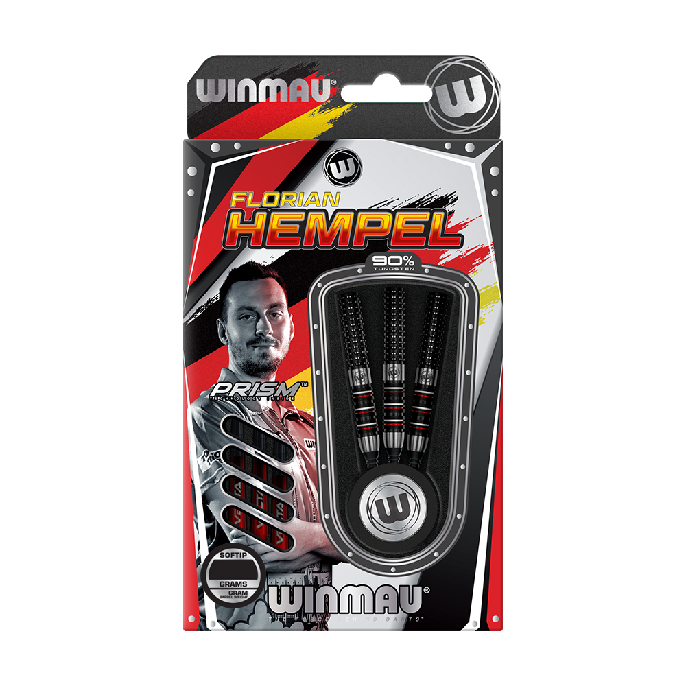 2466_Winmau_Florian_Hempel_Softdarts_3 Die Abbildung zeigt die Verpackung der "Winmau Florian Hempel Softdarts - 21g". In der Packung sind drei schwarze Softdarts mit roten und silbernen Akzenten zu sehen.