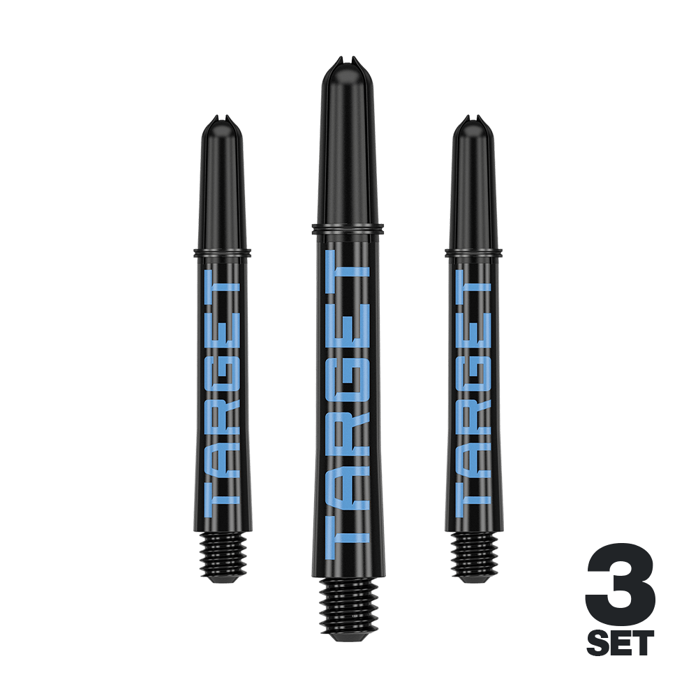 Aste Target Pro Grip TAG - 3 set - Nero Blu Das Bild zeigt drei schwarze Dartschäfte mit blauer Aufschrift "TARGET". Unten rechts steht "3 SET", was auf ein Set aus drei Stück hinweist.
