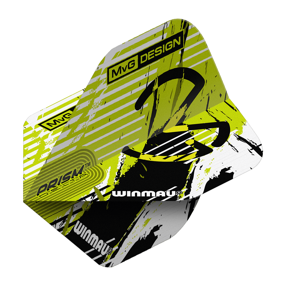 Winmau Delta Michael Van Gerwen Prisma 03 Voli standard Das Bild zeigt die Winmau Delta Michael Van Gerwen Prism 03 Standard Flights. Das Design ist in Gelb, Schwarz und Weiß gehalten und trägt den Schriftzug "MvG DESIGN" sowie das Winmau-Logo.