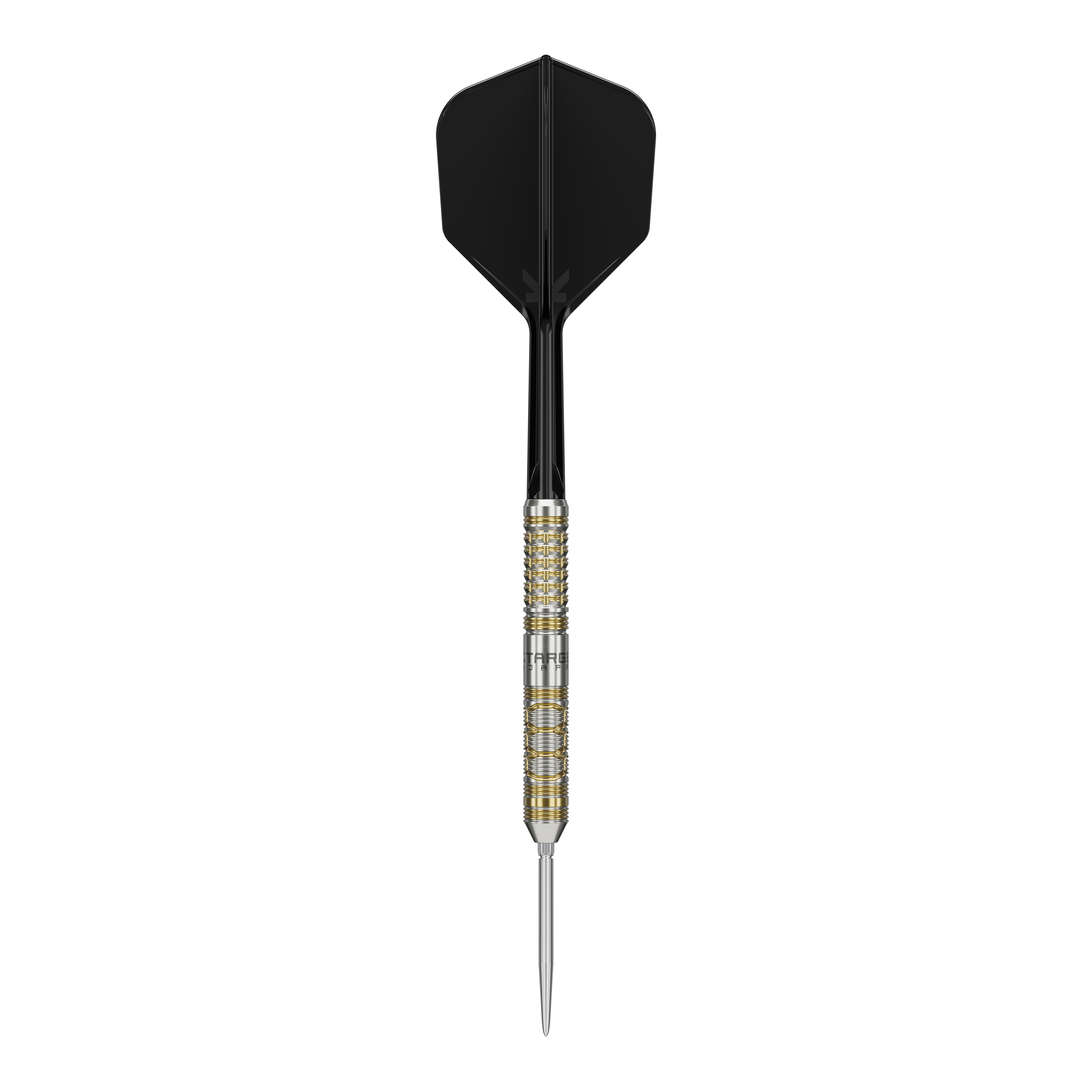 Freccette in acciaio Target Japan Black Marque Reyn GEN2 Das Bild zeigt einen Steeldart mit schwarzem Flight und gold-silbernem Barrel. Es handelt sich um das Produkt "Target Japan Black Marque Reyn GEN2 Steeldarts".