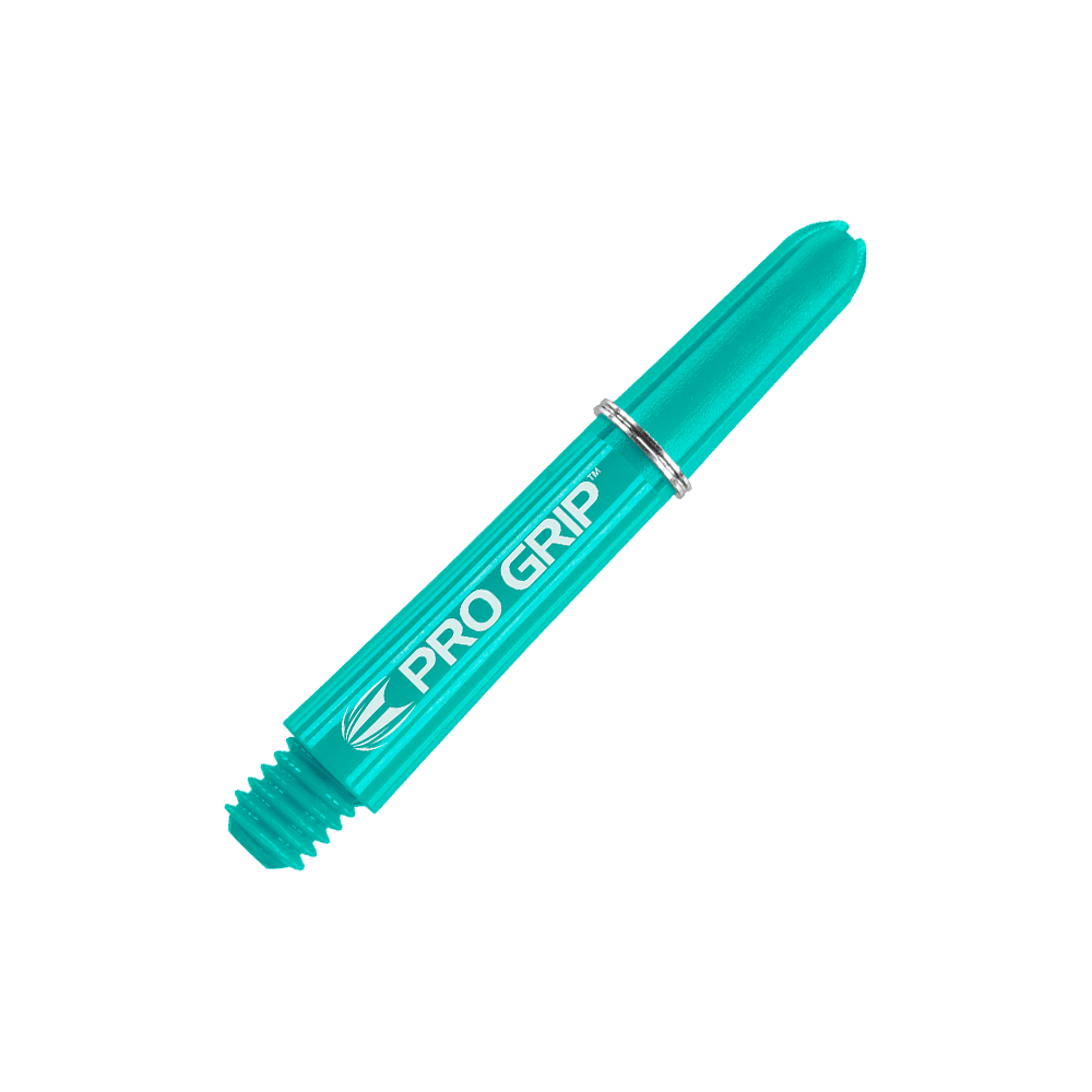 Target Pro Grip Shafts - 3 set - Aqua Das Bild zeigt einen aqua-blauen Pro Grip Dart-Schaft mit silbernem Ring. Auf dem Schaft steht der Schriftzug „PRO GRIP“.