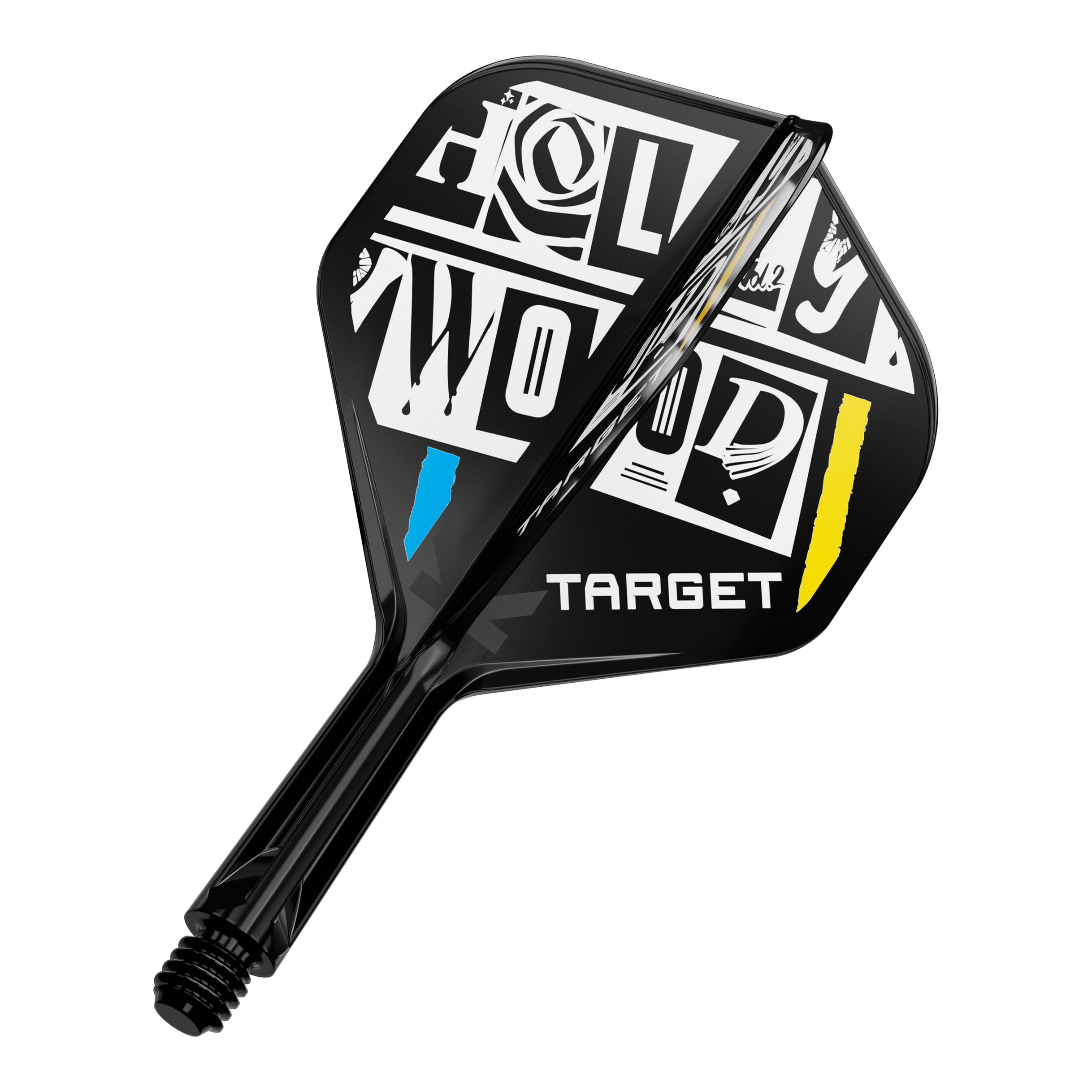 Sistema di alberi di volo standard Target K-Flex Chris Dobey No2 Das Bild zeigt einen Dartpfeil-Flügel mit auffälligem schwarz-weißem Design und den farbigen Akzenten Blau und Gelb. Auf dem Flügel steht das Wort "TARGET" und ein grafisch gestalteter Schriftzug "HOLLYWOOD".