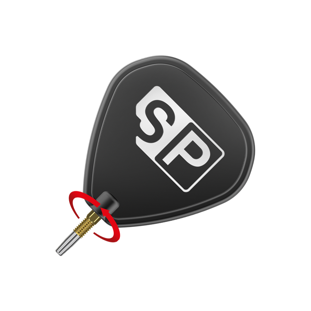 Punte per freccette Target Swiss Firepoint Gold Das Bild zeigt eine schwarze Dart-Flightscheibe mit dem weißen Aufdruck "SP". Darunter ist eine goldene Dartspitze mit einem roten Pfeil, der eine Drehbewegung anzeigt.