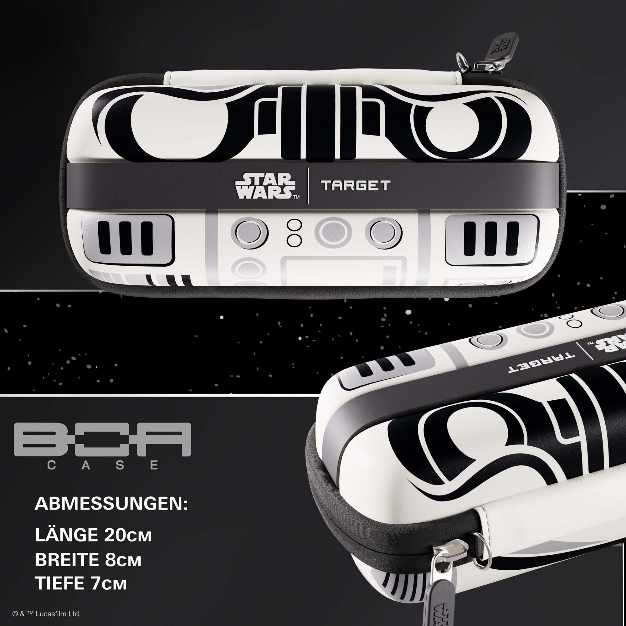 Auf diesem Bild sieht man das Target Star Wars Boa Dartcase im Stormtrooper Design. Das Dartcase ist im Stil der Star Wars Stormtrooper gestaltet.