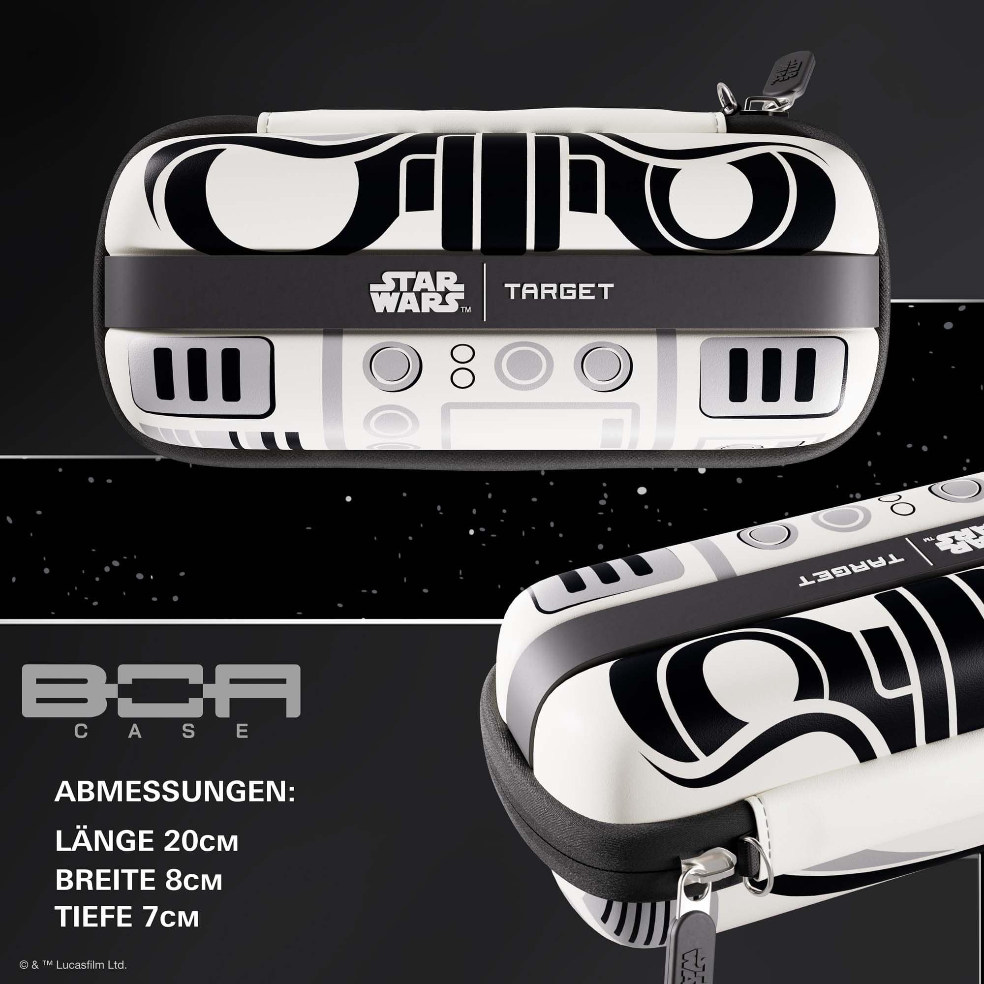 Portafreccette Target Star Wars Boa - Stormtrooper Auf diesem Bild sieht man das Target Star Wars Boa Dartcase im Stormtrooper Design. Das Dartcase ist im Stil der Star Wars Stormtrooper gestaltet.