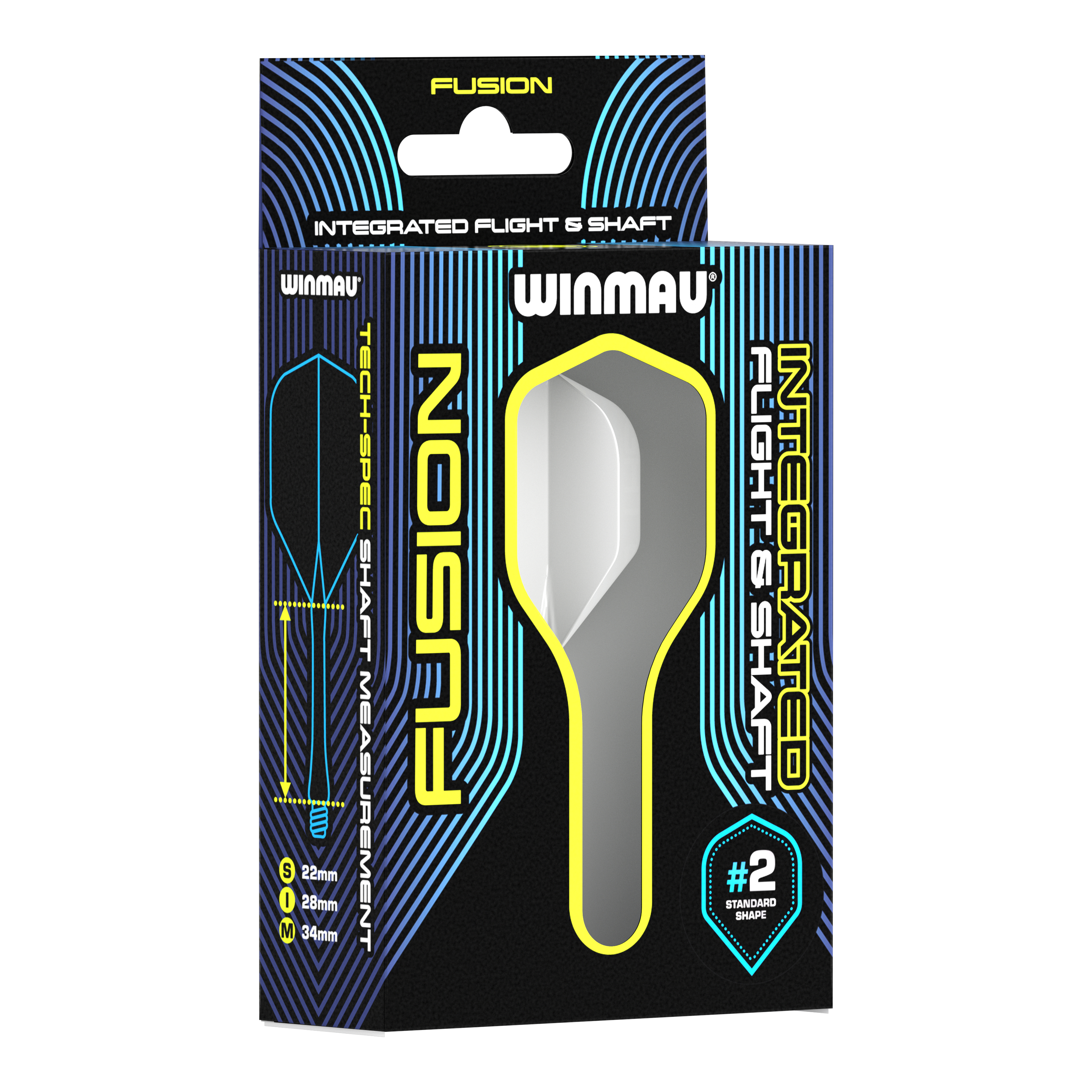Sistema di alberi di volo Winmau Fusion standard bianco Auf dem Bild ist eine Verpackung des Winmau Fusion Integrated Flight & Shaft Systems in Weiß zu sehen. Die Verpackung zeigt einen 22 mm langen Schaft mit der Standardform #2.