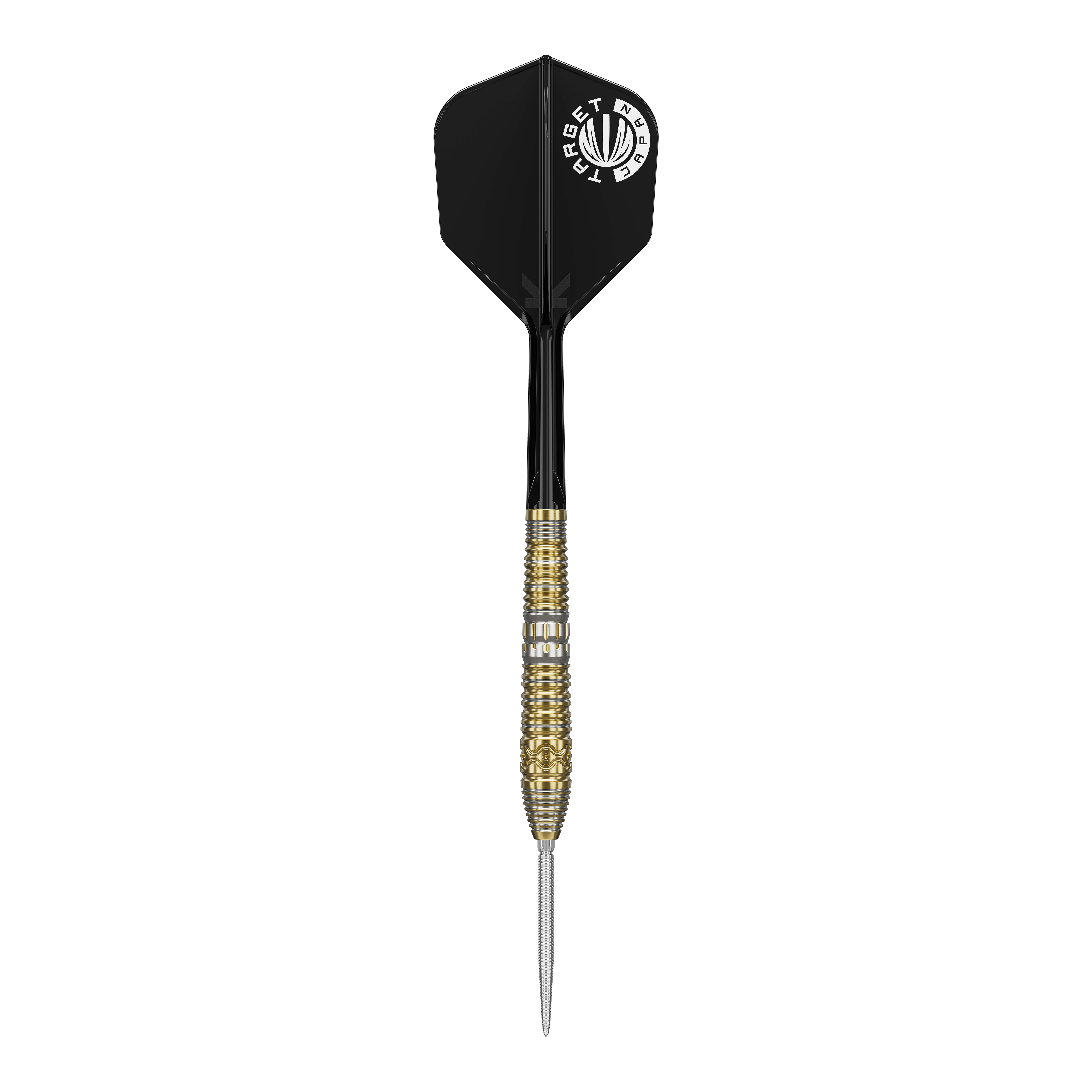 Freccette in acciaio Target Japan Hot Shot GEN2 - 23 g Das Bild zeigt einen Target Japan Hot Shot GEN2 Steeldart mit einem Gewicht von 23g. Der Dart hat eine goldene, strukturierte Spitze und schwarze Flights.
