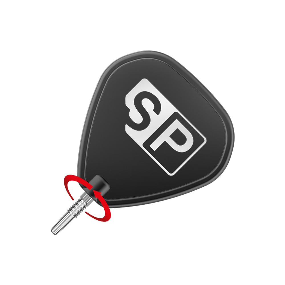 Punte per freccette Target Swiss Point Chrono - Argento Das Bild zeigt eine schwarze Dartflügel mit den weißen Buchstaben "SP" darauf. An der Unterseite ist eine silberne Dartspitze zu sehen, die mit einem roten Pfeil markiert ist.